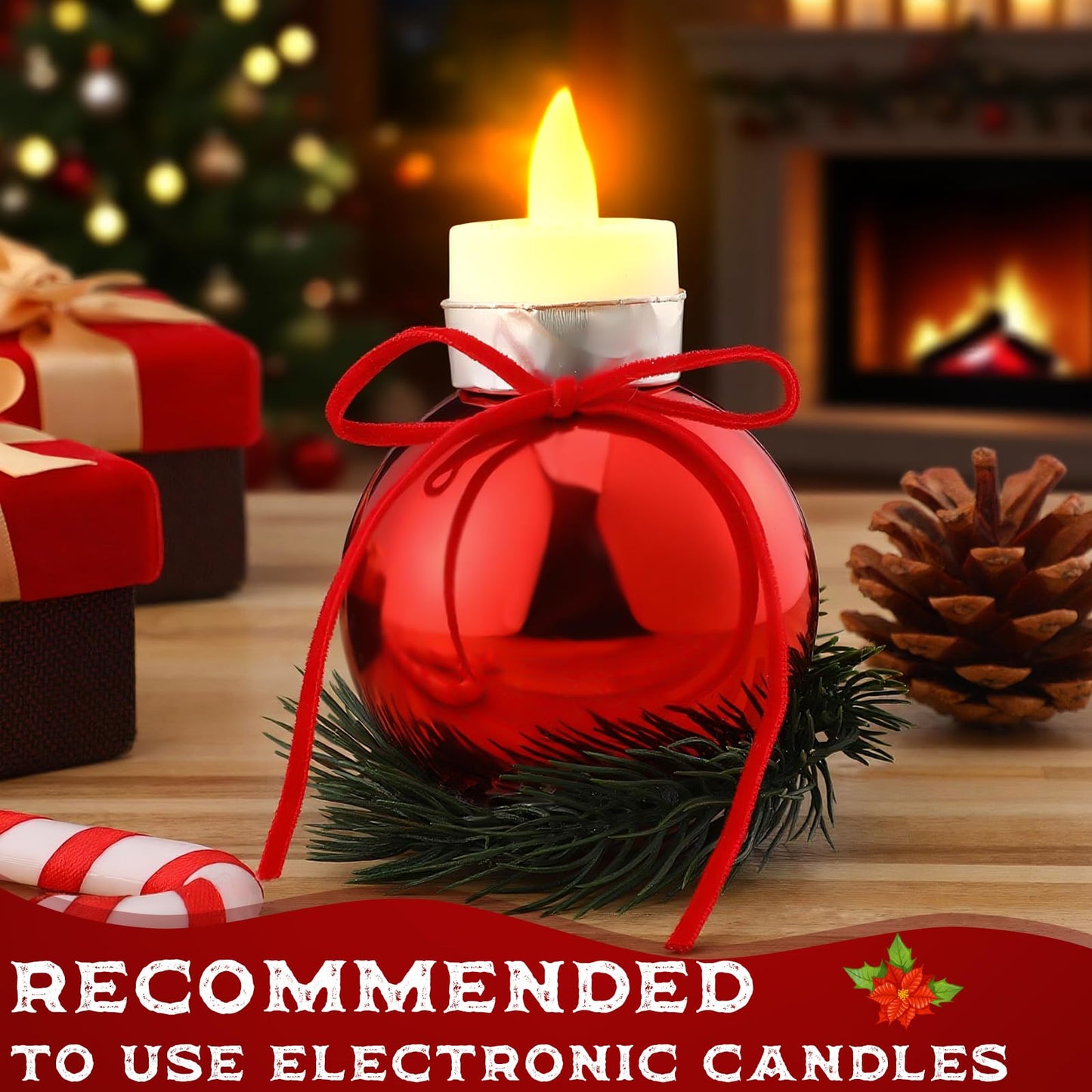 Suncalla 6 Pcs Red Christmas Tealight Candle Holder Christmas Dinner Table Decorations Ball Candlestick Holder with Bow and Wreath for Party Indoor Decorations