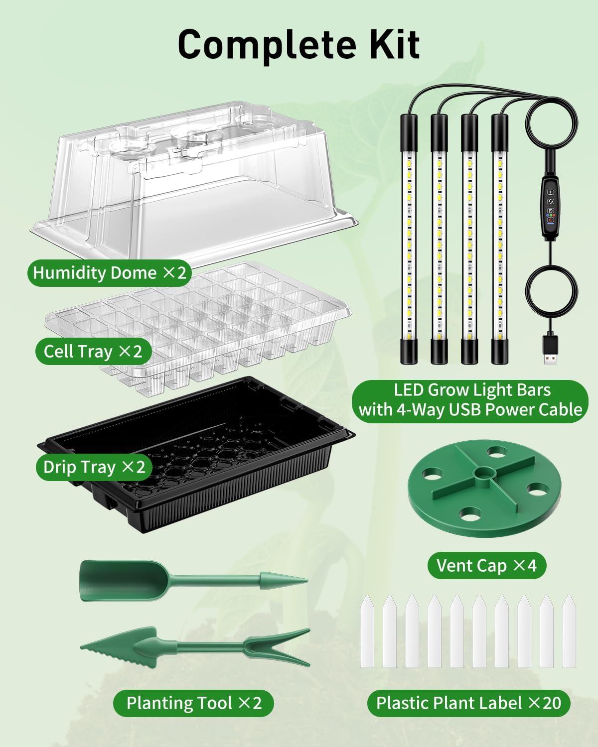 Pawfly Seed Starter Trays, 2 Pack 80 Cells Seed Starter Kit with Adjustable Grow Light Bars & 3.5" Humidity Domes, Seeding Tray with Lids, Reusable Plant Germination Trays for Seed Starting