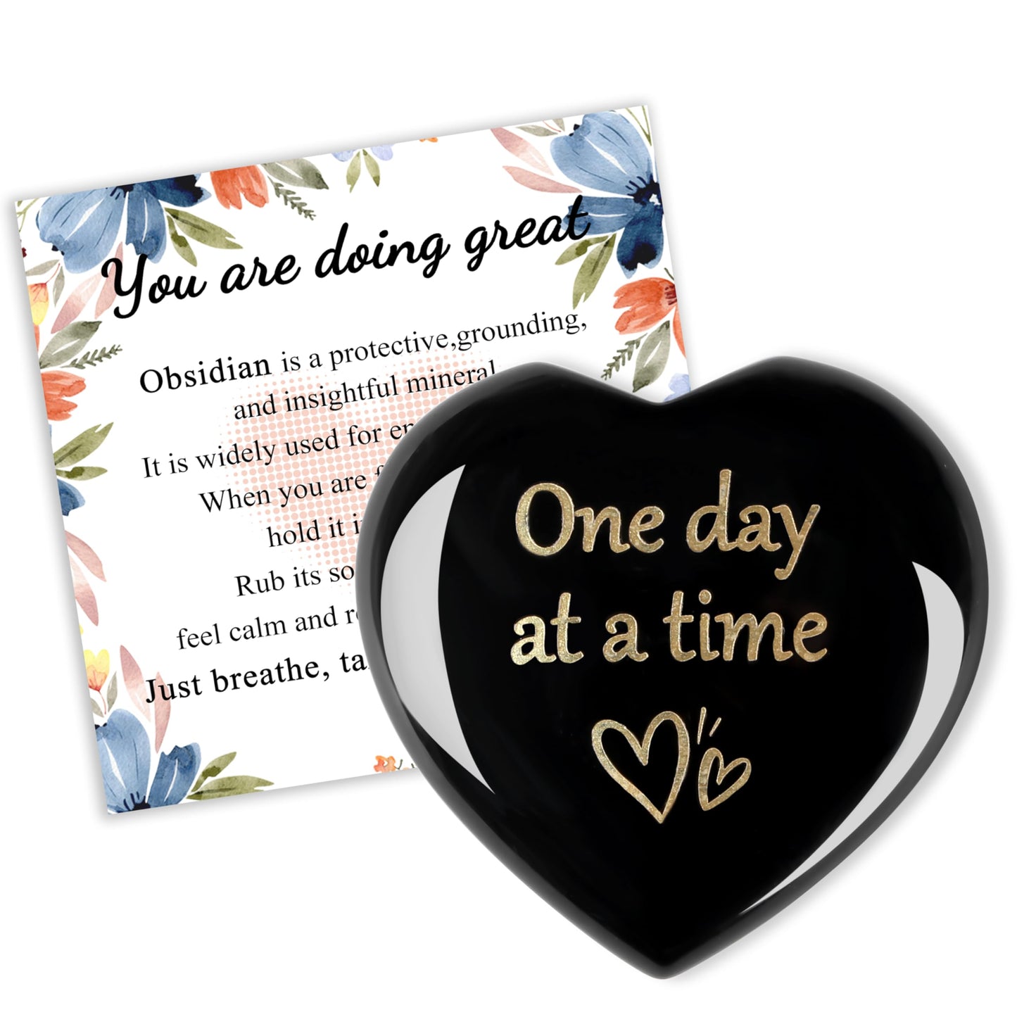 QINJIEJIE Black Obsidian One Day at A Time Heart Worry Stones Healing Crystal Thinking of You Gifts for Anxiety Relief Items You Got This Inspirational for Friend Encouragement Gift for Women Men