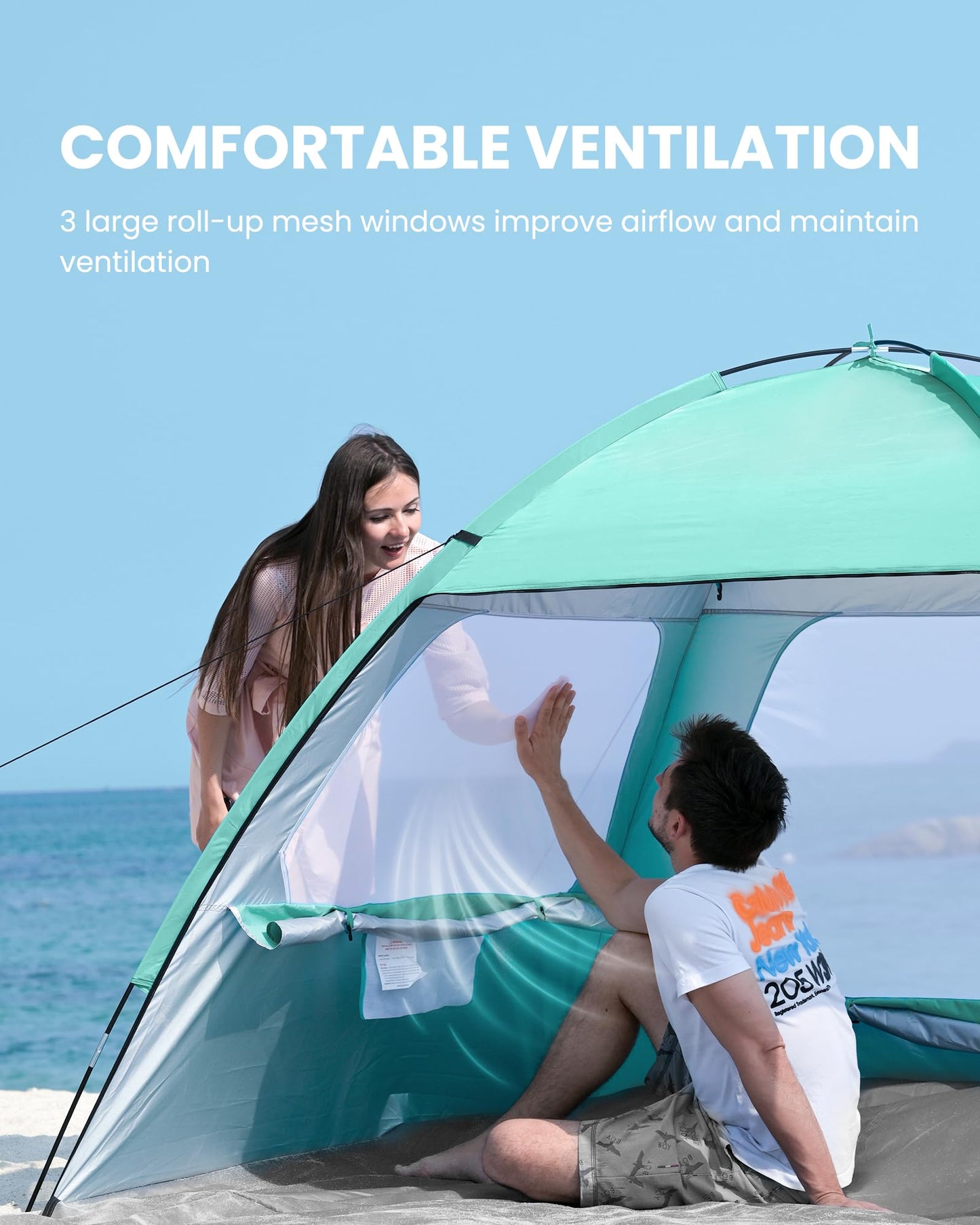 OutdoorMaster Beach Tent for 3/4 Person - Easy Setup Sun Shade Shelter, Portable Beach Shade Sun Canopy with UPF 50+ UV Protection, Removable Skylight Family Size - 4 Person Green