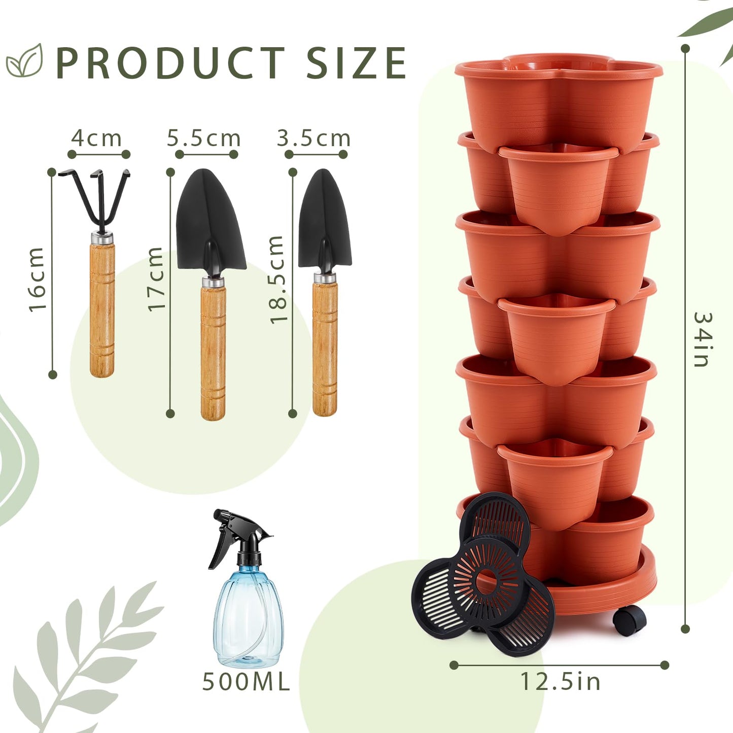Umigy 2 Set Clay Red 7 Tier Stackable Vertical Planters with Removable Wheels and Tools Tower Planters Strawberry Herb Flower Vegetable Pots Indoor Outdoor Gardening Pots
