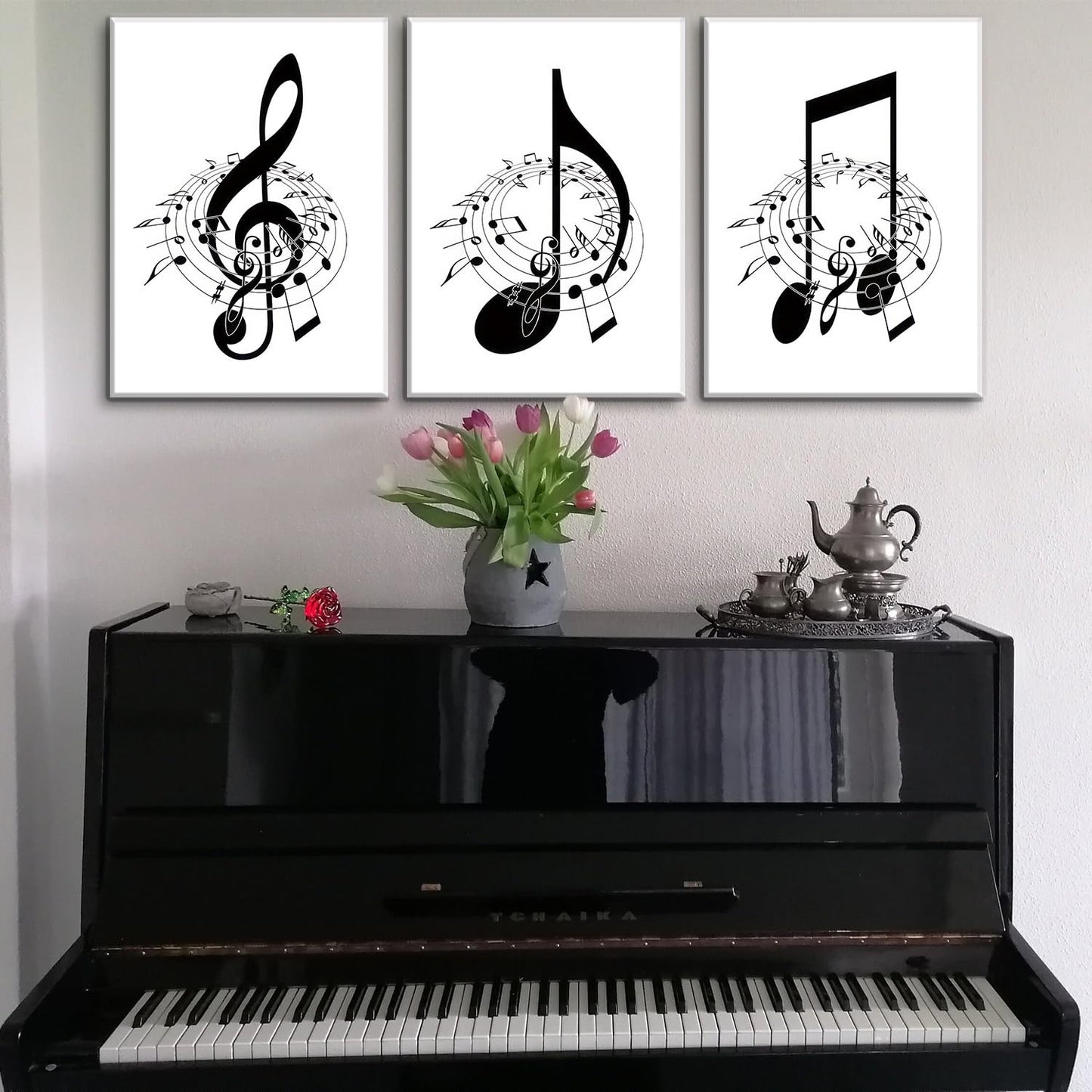 3Pcs Framed Music Notes Wall Art Black and White Music Art Pictures Prints Music Canvas Decor Musical Notes wall decor Stylish Music Room Classroom Posters(12x16in x3 Pcs Framed)