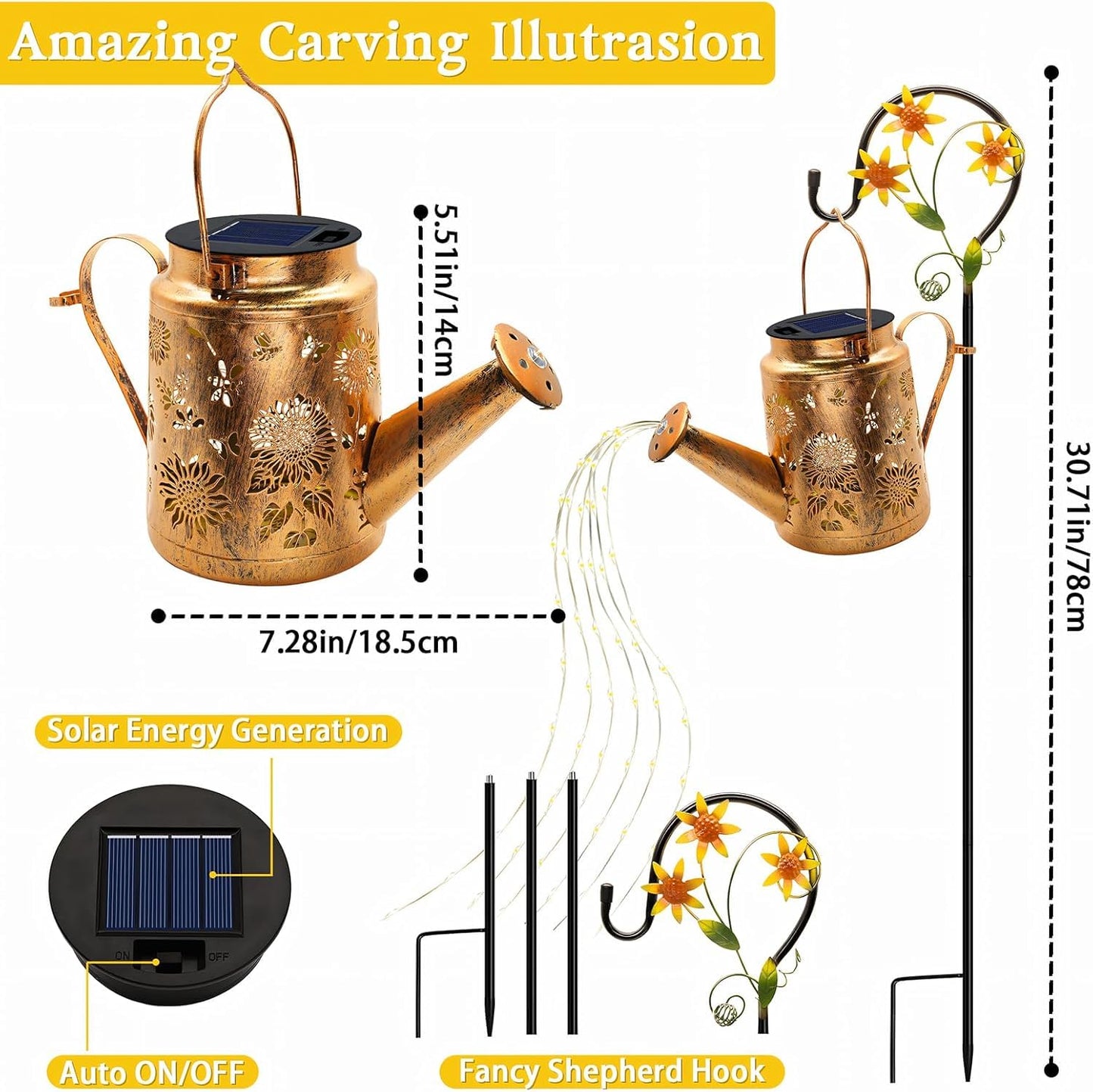 Big Solar Lanterns Outdoor Waterproof, Gift for Mom Grandma Women Wife Daughter Mother's Day, Sunflower Watering Can Light with Shepherd Hook, Hanging Lantern Solar Path Light, Yard Patio Garden Decor