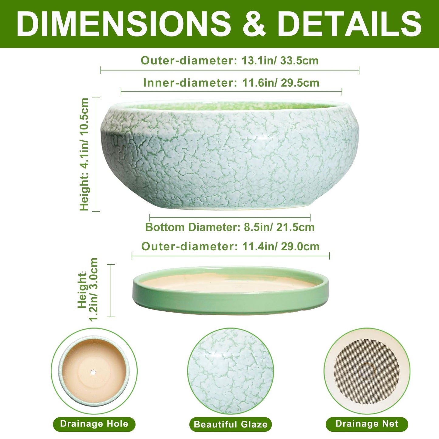 EPFamily Bonsai Pots - 13 Inch Ceramic Succulent Pots for Indoor Outdoor, Large Shallow Planter with Drainage Hole and Saucer, Round Flower Succulent Planter, Patio Decor, Gifts for Women, Green