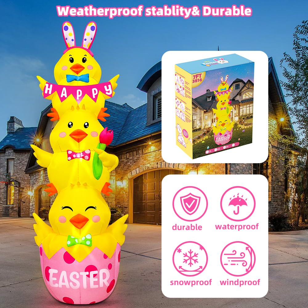 7.1FT Easter Inflatable Outdoor Decoration Inflatable Three Chicks, Built in LED Lights Blow Up Yard Decoration for Lawn Garden Holiday Party