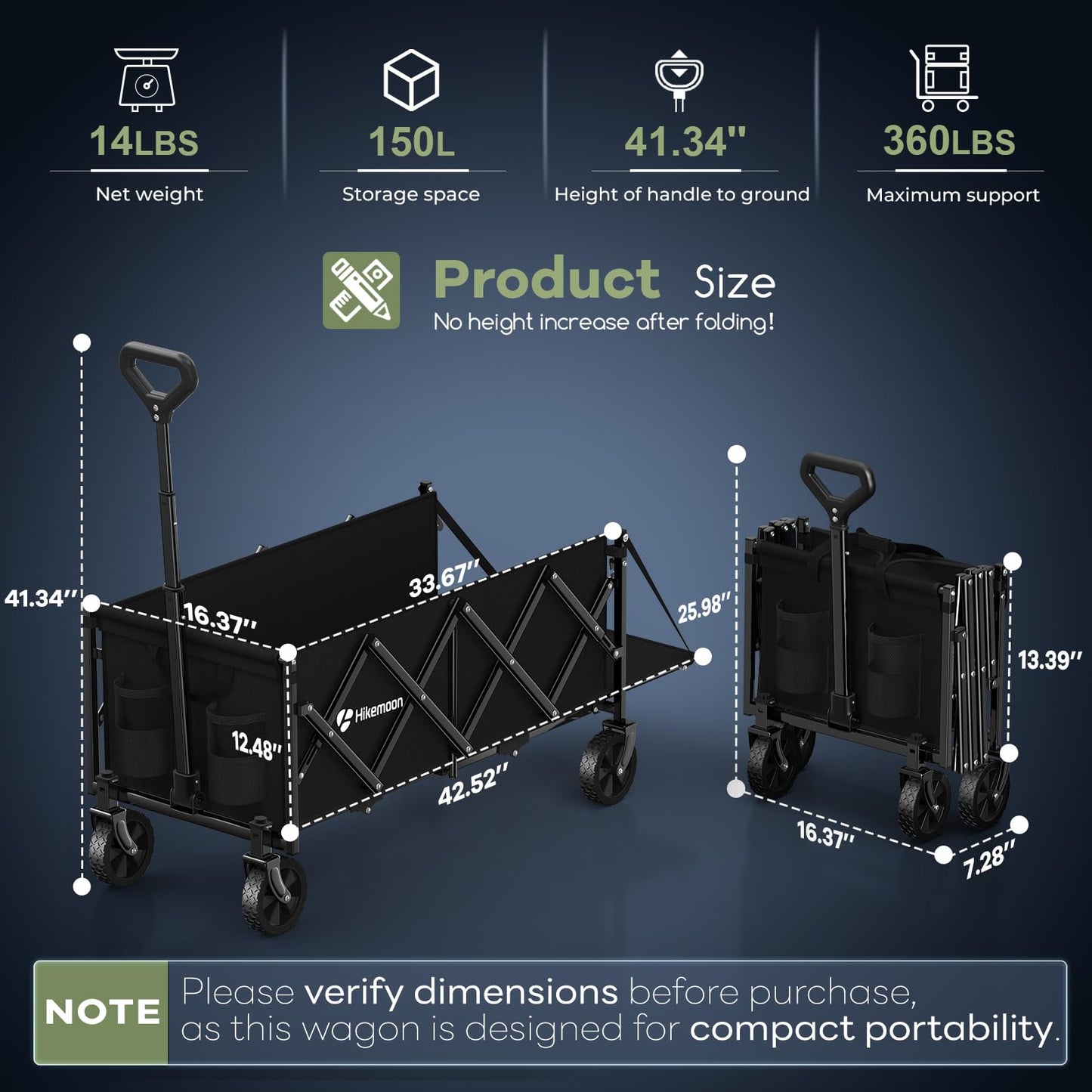 Hikemoon 43'' Extra Long Collapsible Wagon with Extended Tailgate, 360LBS Heavy Duty Wagons Carts Foldable, Portable Folding Outdoor Utility Cart for Grocery, Shopping, Garden, Camping, Black