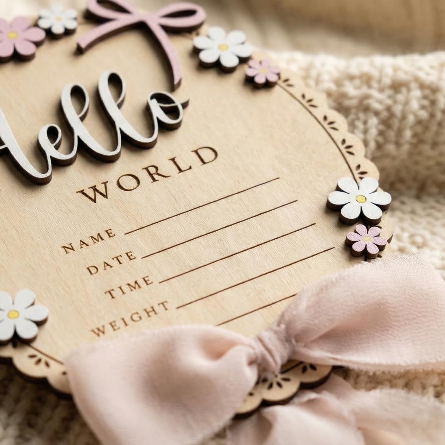 TTMerriwood Baby Announcement Sign with Stand & Marker – Hello World Wooden Name Plaque for Newborn Photoshoot, Baby Shower, Rustic Keepsake Birth Stat Sign for Hospital Birth Announcement (Light pink ribbon)