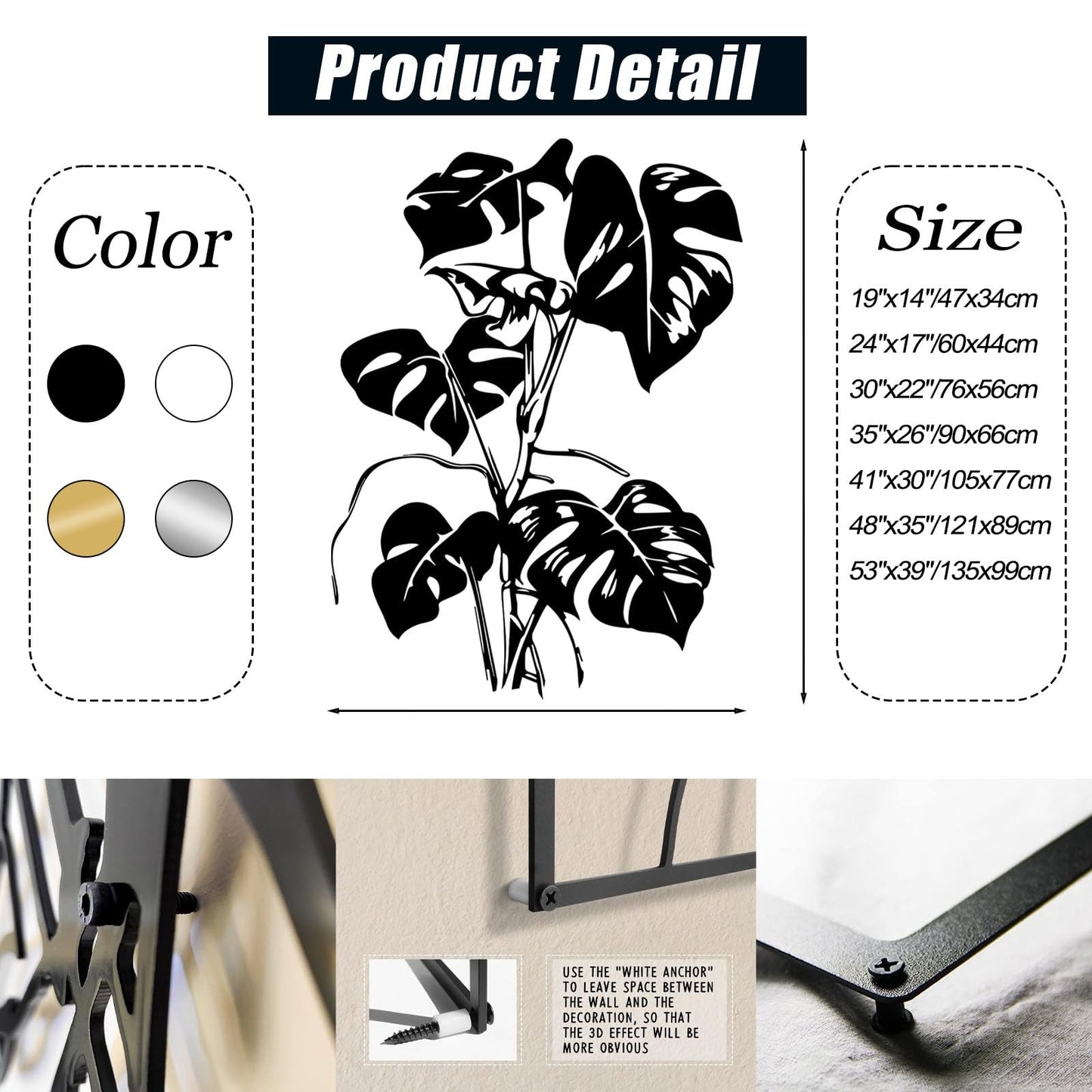 Monstera Leaf Metal Wall Art, Tropical Monstera Leaf Metal Wall Decor, Tropical Plant Line Art Wall Decor, Tropical Leaves Wall Sculpture, Nature Wall Hanging for Living Room (Silver, 41"x30"/105x77cm)