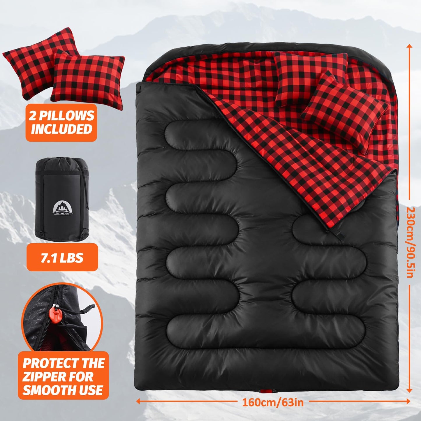 Swtmerry Double Sleeping Bag for Adults with 2 Pillows, Big & Tall Queen Size XL Sleeping Bag for 2 Person, Waterproof & Lightweight Warm for 3 Seasons, Cold Weather,Camping, Hiking & Backpacking