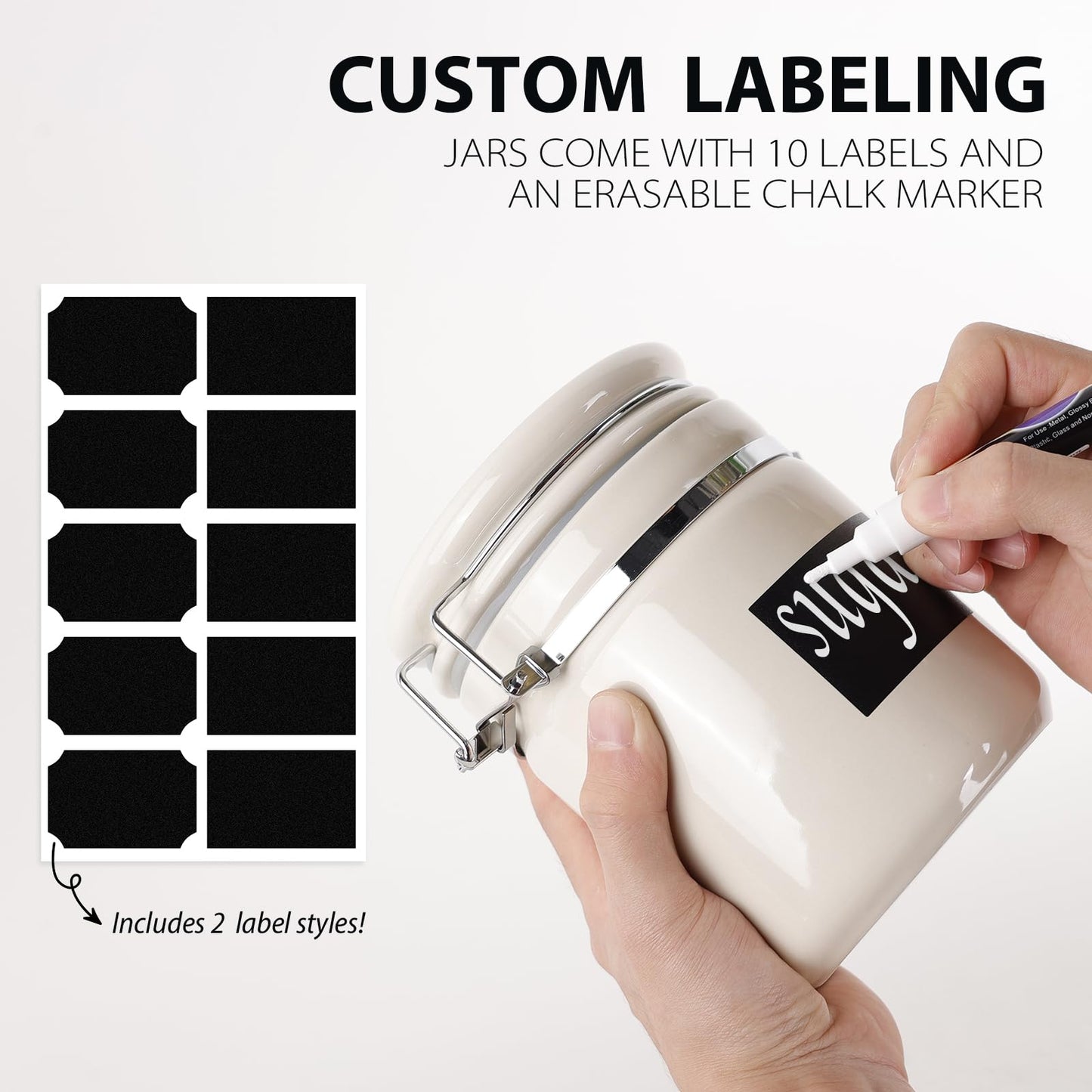 ZEBERBO 4-Piece Airtight Ceramic Canisters Set with Wooden Spoons & Chalk Labels – Perfect for Coffee, Sugar, Flour, Tea (Cream) – Stylish & Leakproof Kitchen Storage