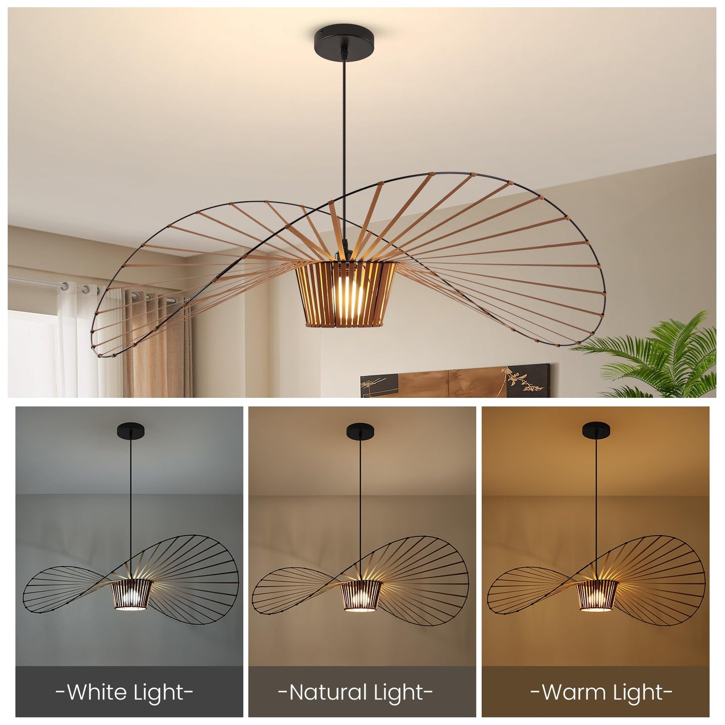 Brown Woven Chandelier, D39" Creative Straw Hat Shape Pendant Light Fixtures, Stretch Fabric+Fiberglass Material, Modern Boho Large Chandeliers, Suitable for Living Room, Bedroom, Dining Room, Office