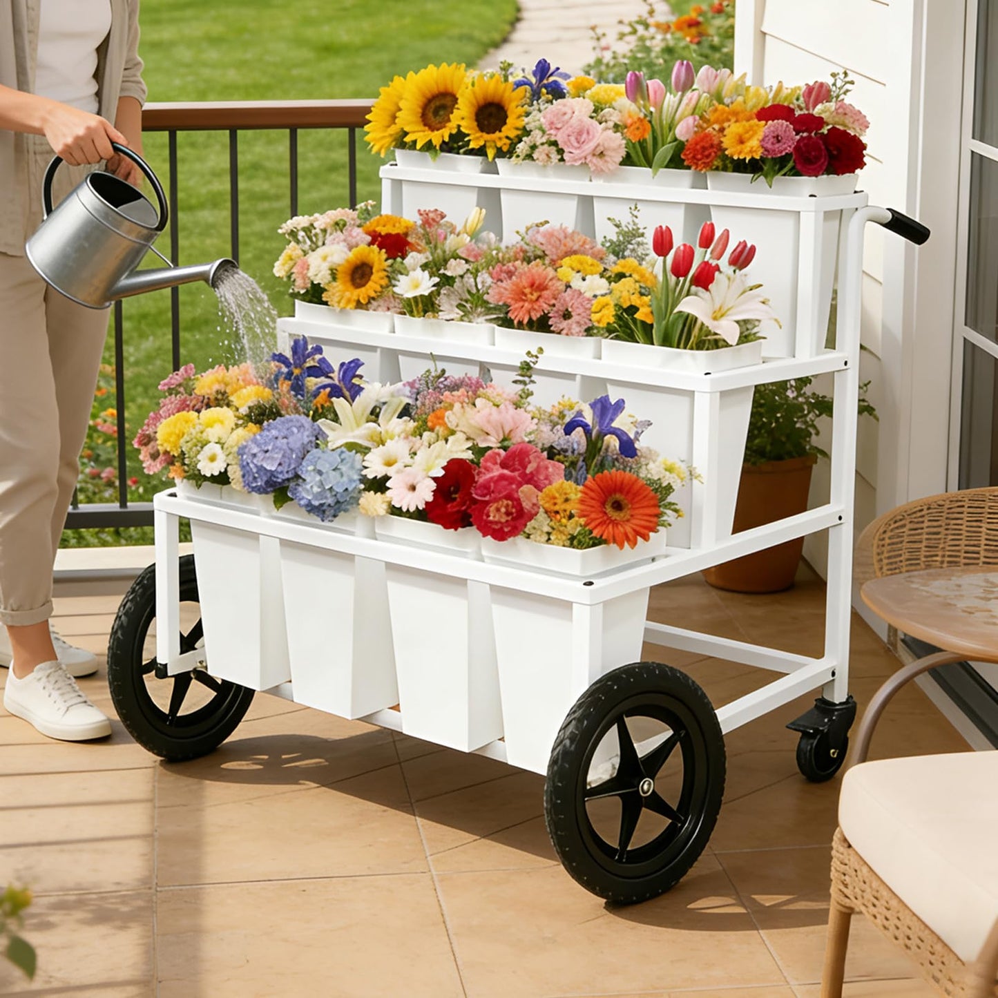 Heavy Duty Flower Cart Display Stand with Large Wheels and Handles, Metal Flower Plant Stand with 12 Buckets, Moving Flower Bouquet Holder for Farmers Market Stand, Flower Bar Supplies for Patio Garden Florist Wedding (White, L33.4*W31.4*H*40.5in)