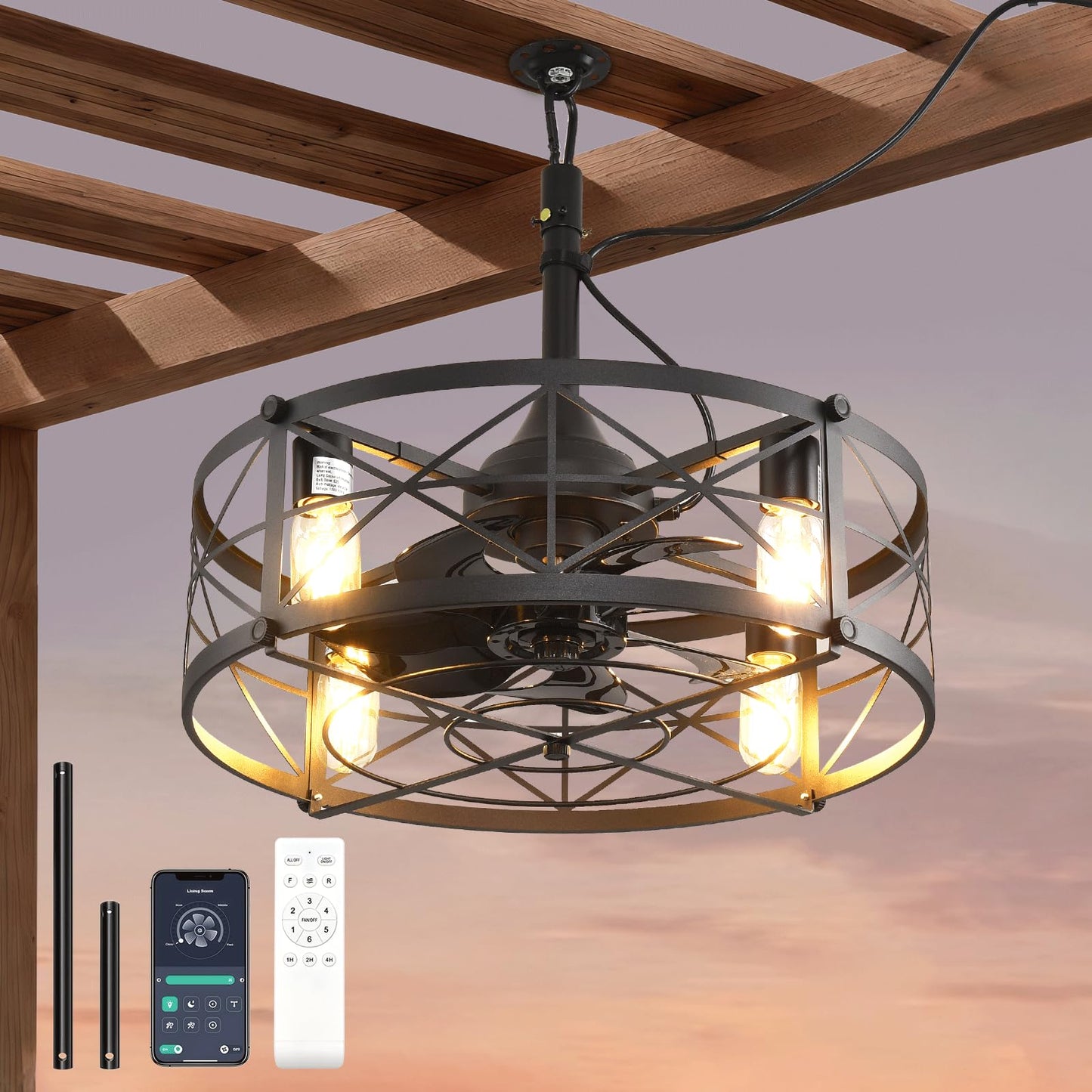 AHAWILL Outdoor Ceiling Fan with Light,20" Gazebo Fan Remote&APP Control,Outdoor Hanging Fan,6 Speeds and Timing,Plug in Caged Ceiling Fan for Patio,Farmhouse,Porch,Pergola.Black