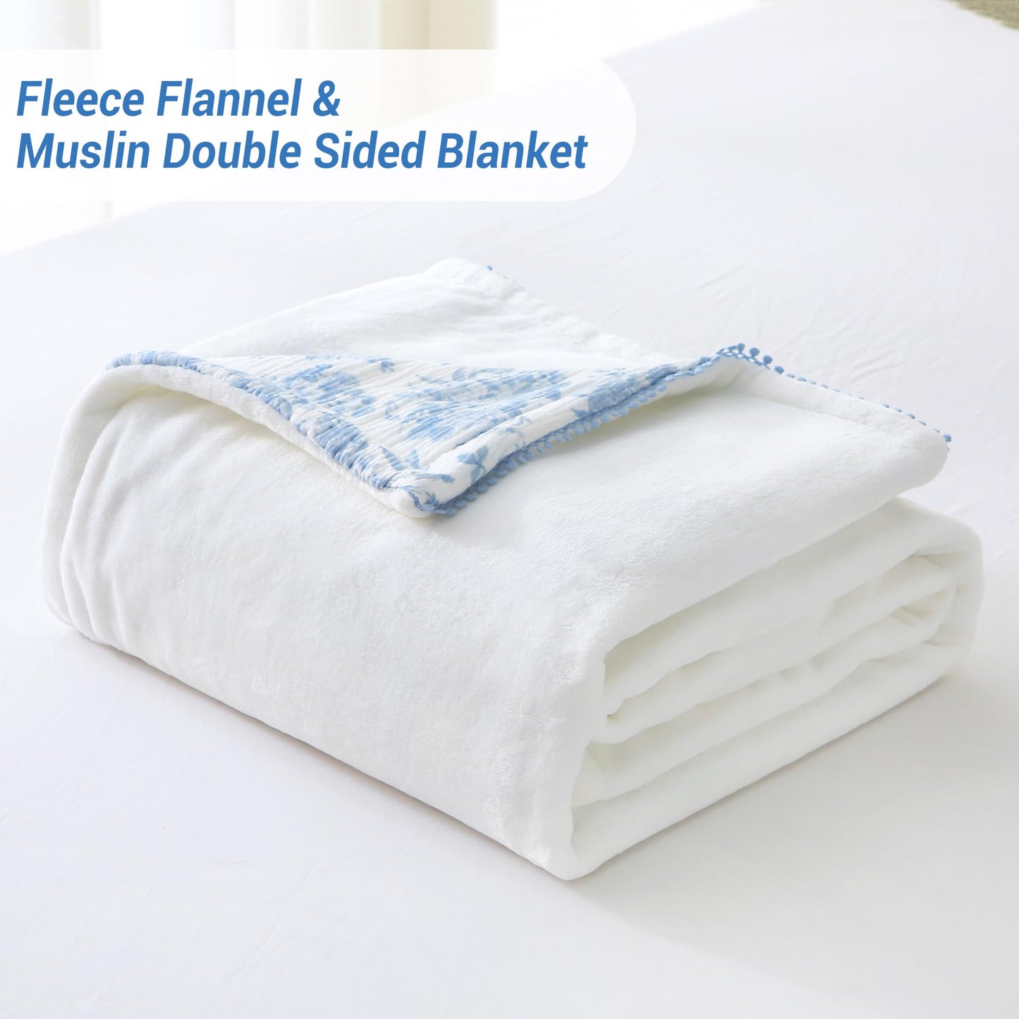 Viviland Fleece Throw Blanket Reversible Muslin Blankets, Soft Throw Blanket for Couch and Bed, Breathable Quilt Bedspread, Gauze Bedding for Adults, Large 50x70 inch, Blue Nerrah