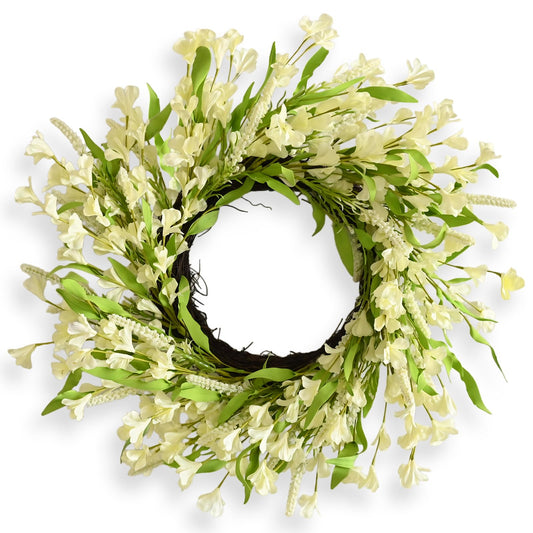 White Spring Wreath for Front Door, 24 Inch Forsythia Wreath with Green Leaves, Artificial Lavender Wreath with Grapevines Base for Easter Farmhouse All-Season Home Indoor Outdoor Wall Decor