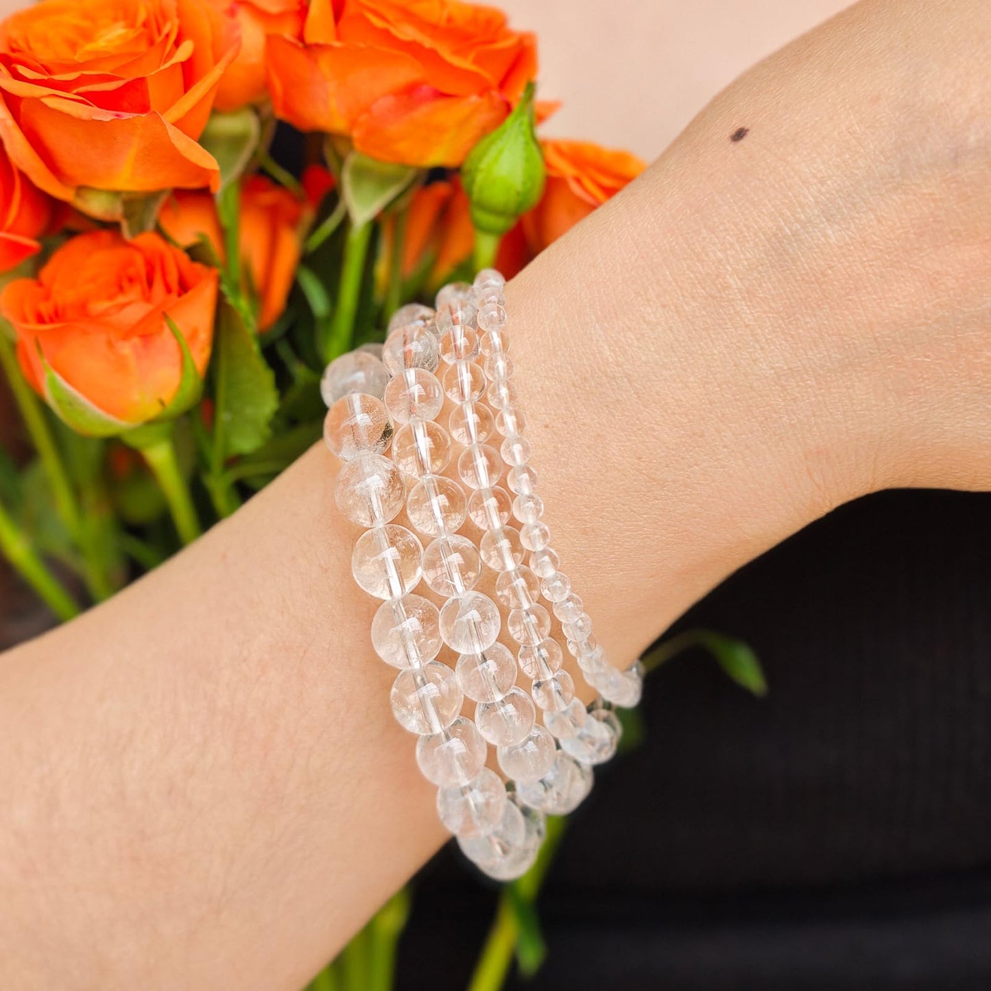 Handmade Natural Gemstone Elastic Bracelet - Healing Crystal Beads Jewelry, Unisex (Clear Quartz, 8mm)