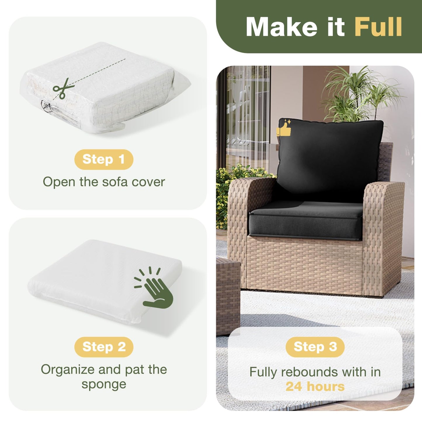 Aoxun Replacement Cushions for Outdoor Furniture, 4-Piece Outdoor Cushions for Patio Furniture, Deep Seat, Waterproof & Fade Resistant Couch Cushion for 4-Seat Patio Conversation Sets, Black