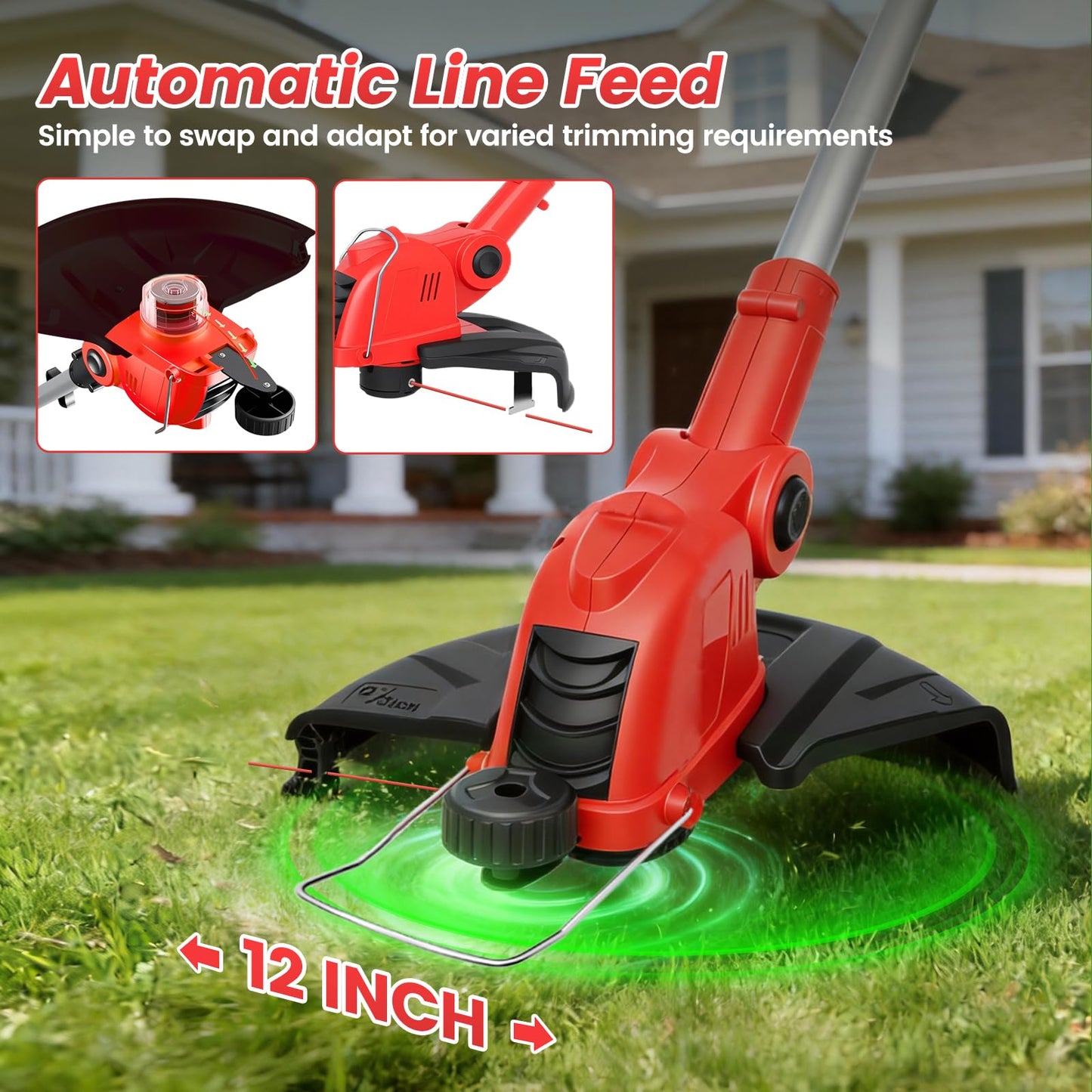 ALSO GO 21V Cordless String Trimmer, 2 * 2.5Ah Battery with Fast Charger, 12'' Weed Wacker with Auto Line Feed, 2-in-1 Weed Eater Battery Powered & Edger Lawn Tool with 10 Lines for Yard & Garden