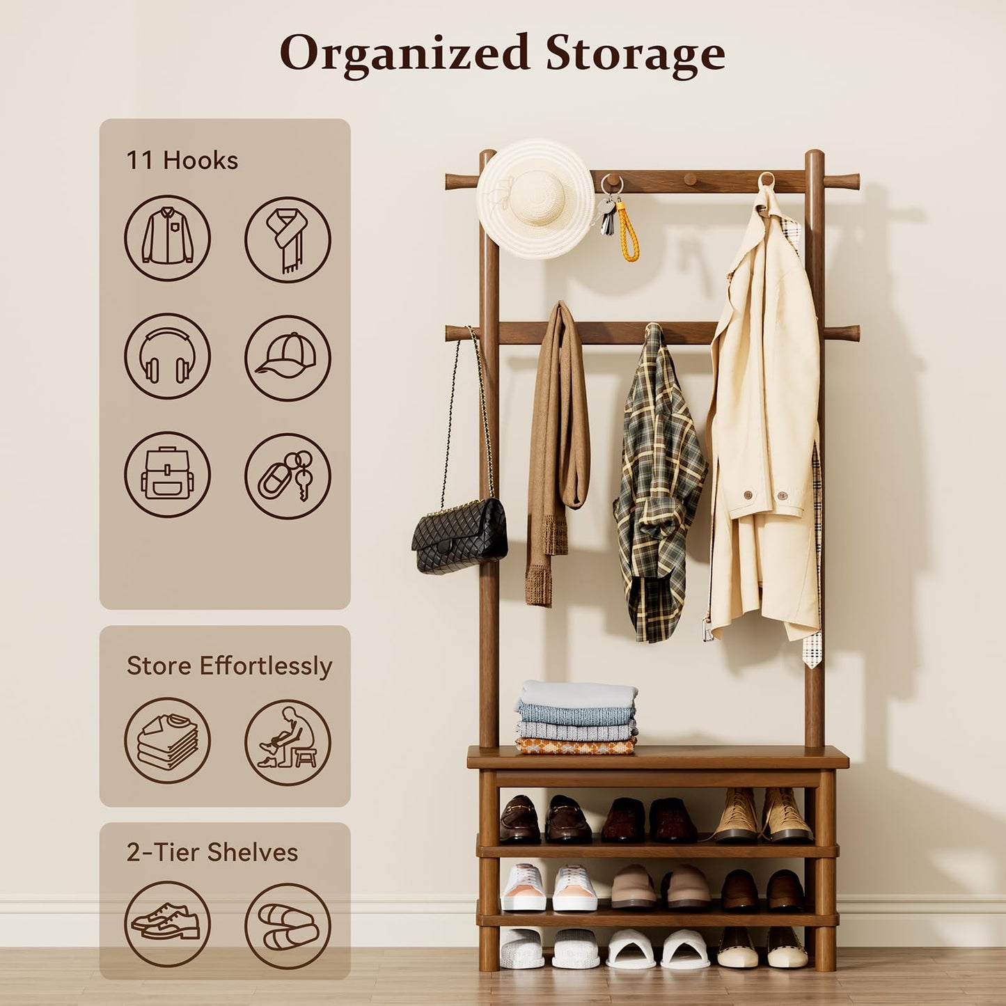 Wamhom Hall Tree, 3-in-1 Entryway Bench with Coat Rack, 11 Hooks and 2-Tier Hall Tree with Shoe Storage Bench, Solid Wood Coat Rack Freestanding, 27.2" Long