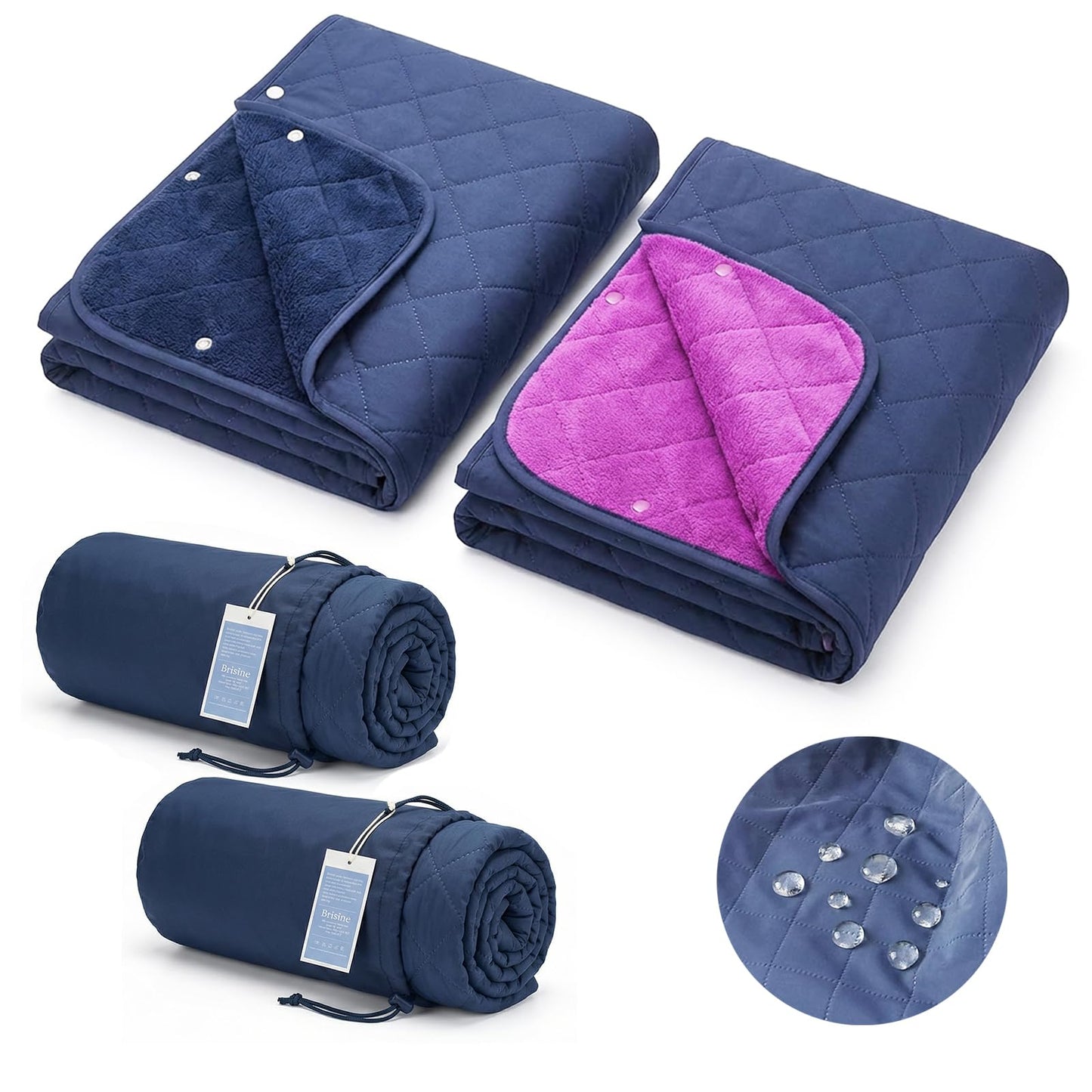 Waterproof Outdoor Stadium Blanket – Quilted & Windproof, 57"x49" Compact Picnic & Beach Blanket for Camping, Sports, Travel – Car Seat Cover for Post-Water Activities (Navy+Violet)