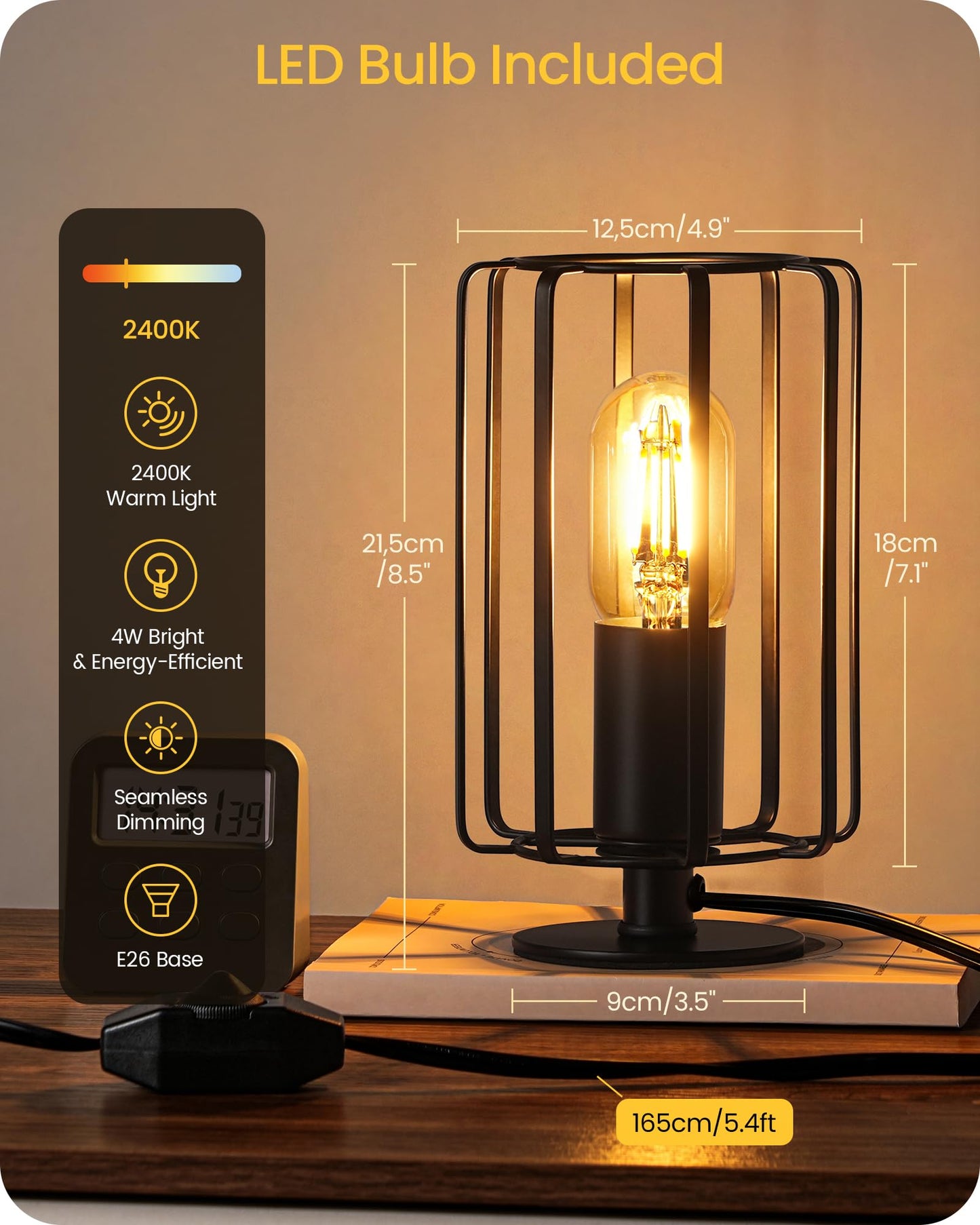 GOEBLESON Industrial Small Table Lamp, Small Bedside Lamp with Dimmable 2400K Warm Light LED Bulb, Vintage Desk Lamp, Black Nightstand Lamp for Bedroom, Study, Office, Small Space, B05TL05
