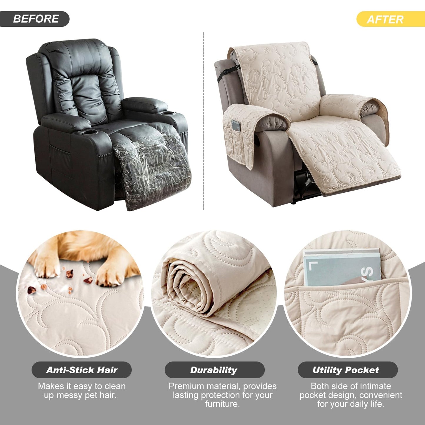 100% Waterproof Recliner Chair Cover, Recliner Chair Covers for Reclining Chair, Non-Slip Fabric Recliner Couch Cover for Living Room, for Pets Kids Protector, Washable (Beige, 23.6"Recliner Chair)