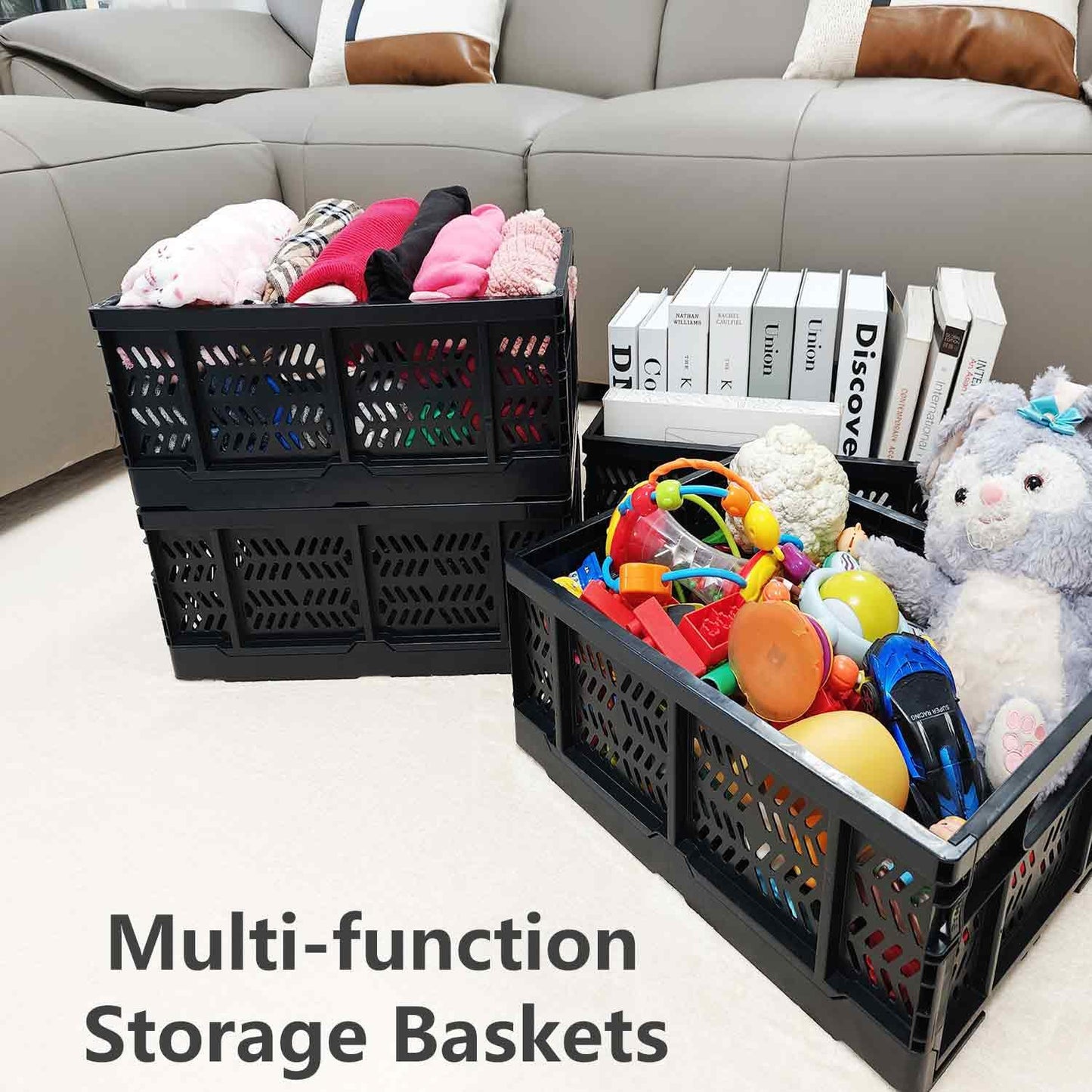 KINGSUSLAY 4-Pack Plastic Storage Crates,20L Foldable Baskets,Collapsible Crates, Storage Baskets and Bins for Toys, Home Storage, Office Products, Christmas Gifts, Easter Eggs (Black)
