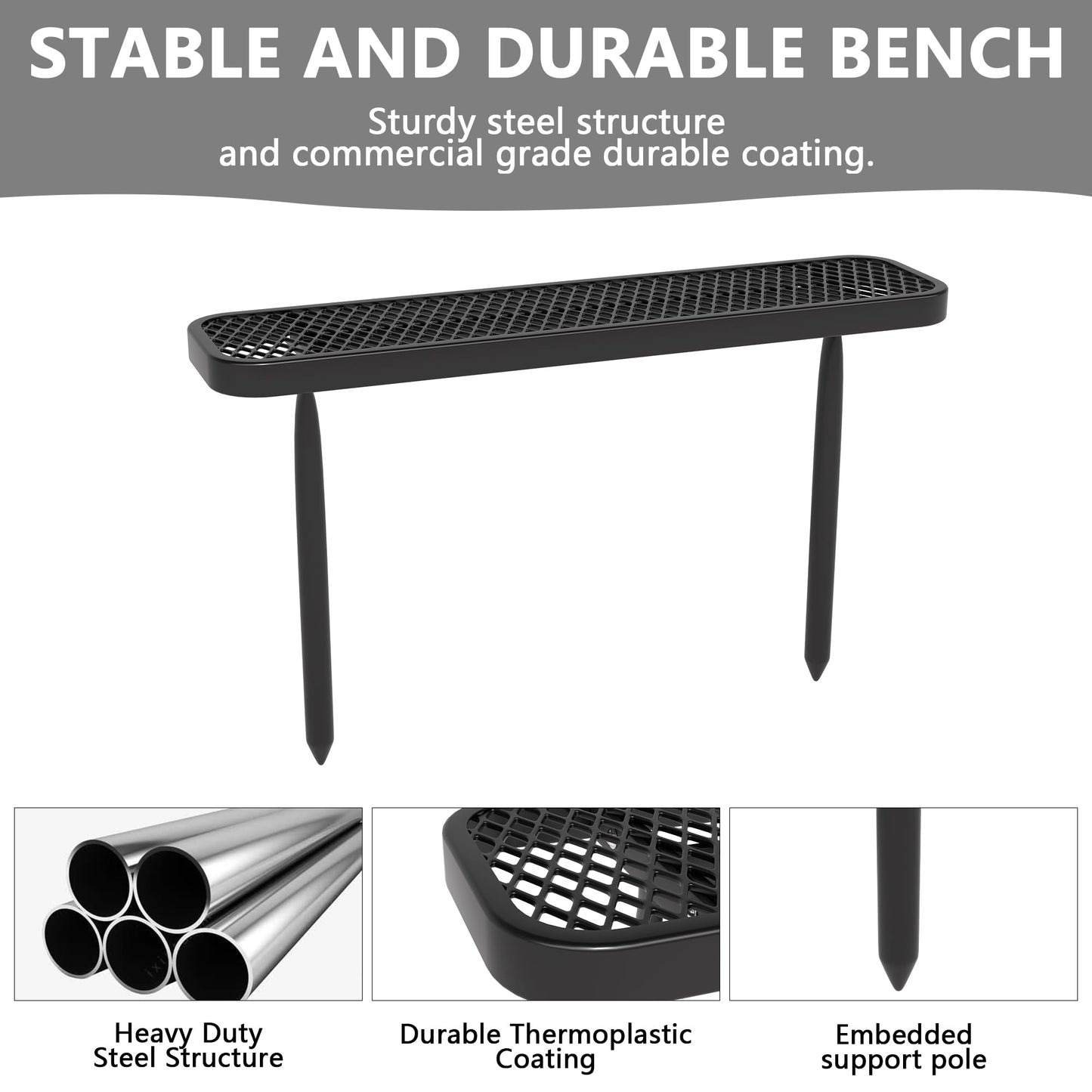 4 Ft Metal Park Benches for Outside, Outdoor Backless Bench with Thermoplastic Coating, Inground Mounted, Commercial Expanded Metal Mesh Bench for Shopping Mall, Store, Park, Patio, Deck, Black