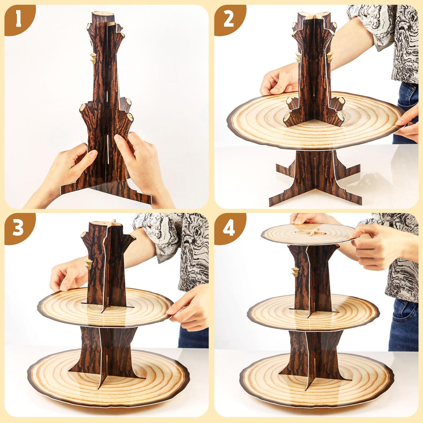 Wooden 3 Tier Cupcake Stand Decoration - Rustic Wood Cupcake Stand Decor for Camping, Birthday, Safari Party Supplies