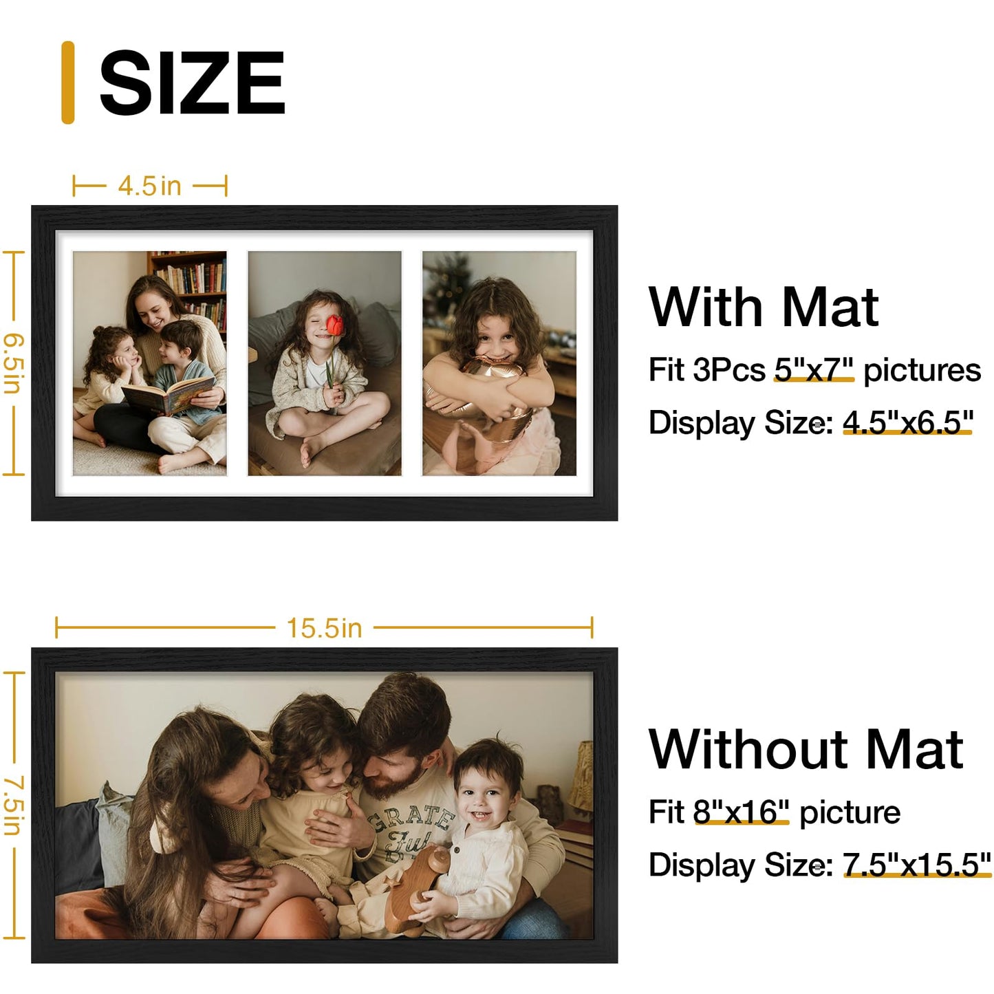decorUhome 8x16 Picture Frames Collage Wall Decor, Display 3Pcs 5x7 Photos with Mat or 1Pcs 8x16 Unmatted, 3 5x7 Collage Picture Frames for Wall Mounting, Black