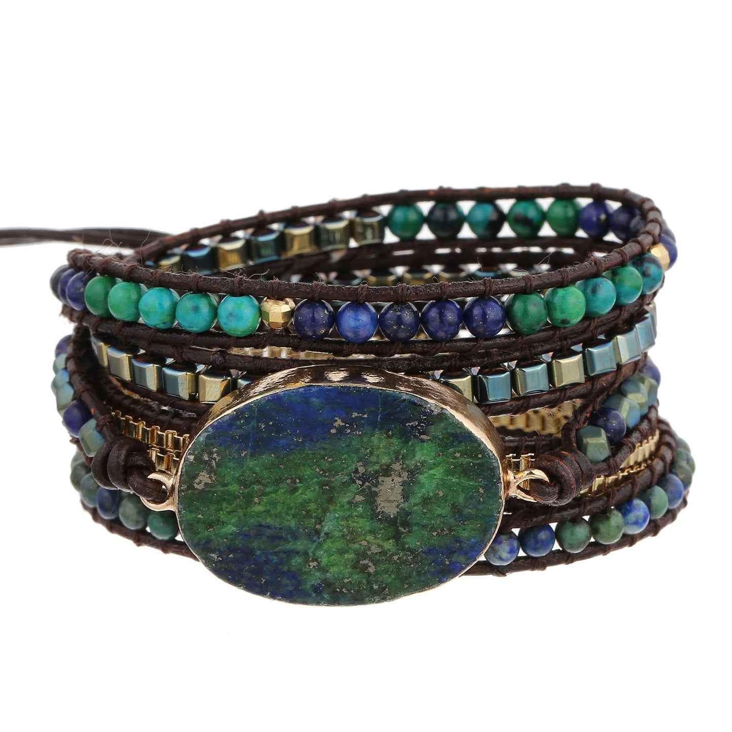 Plumiss Boho Leather 5 Wrap Natural Stone Chrysocolla Bracelet Handmade Gemstone Beaded Bracelet Jewelry Collection