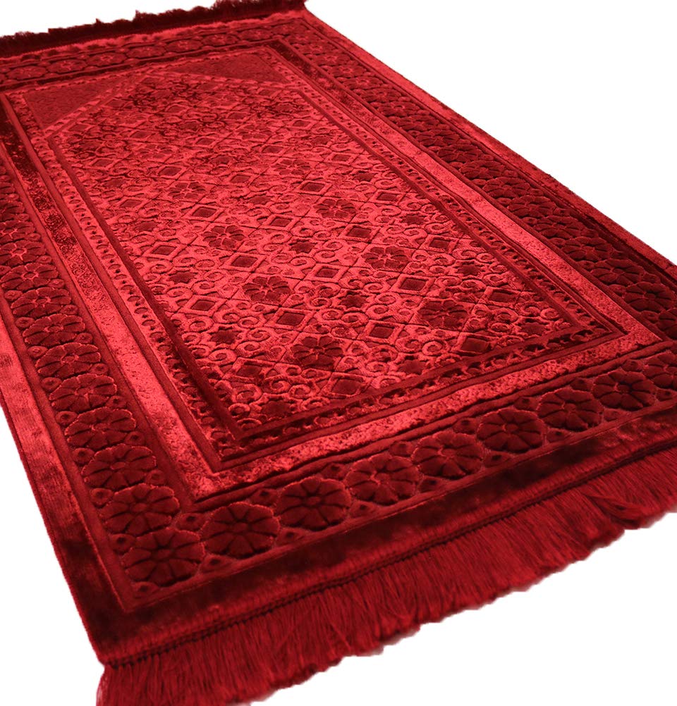 Modefa Velvet Prayer Rug - Soft Plush Turkish Janamaz Sajada Carpet for Men and Women - Plain Solid Prayer Mat Ramadan Eid Gift - with Prayer Beads - Luxury Floral Stamp (Red)