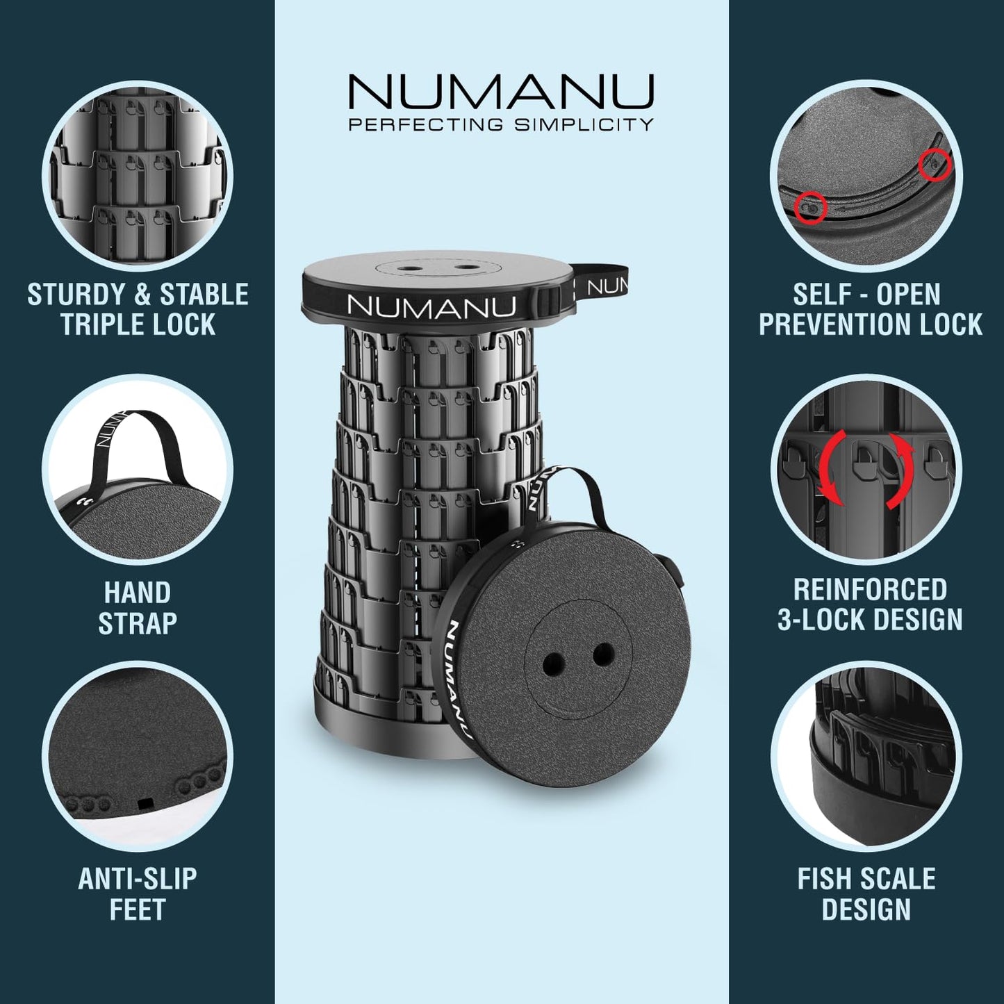 NUMANU 2PK 2026 Upgraded Collapsible Stool, Max 620lbs, 18" H Adjustable Portable Folding Stool for Adults, Retractable Foldable Telescopic Seat Camping Chair or Footrest