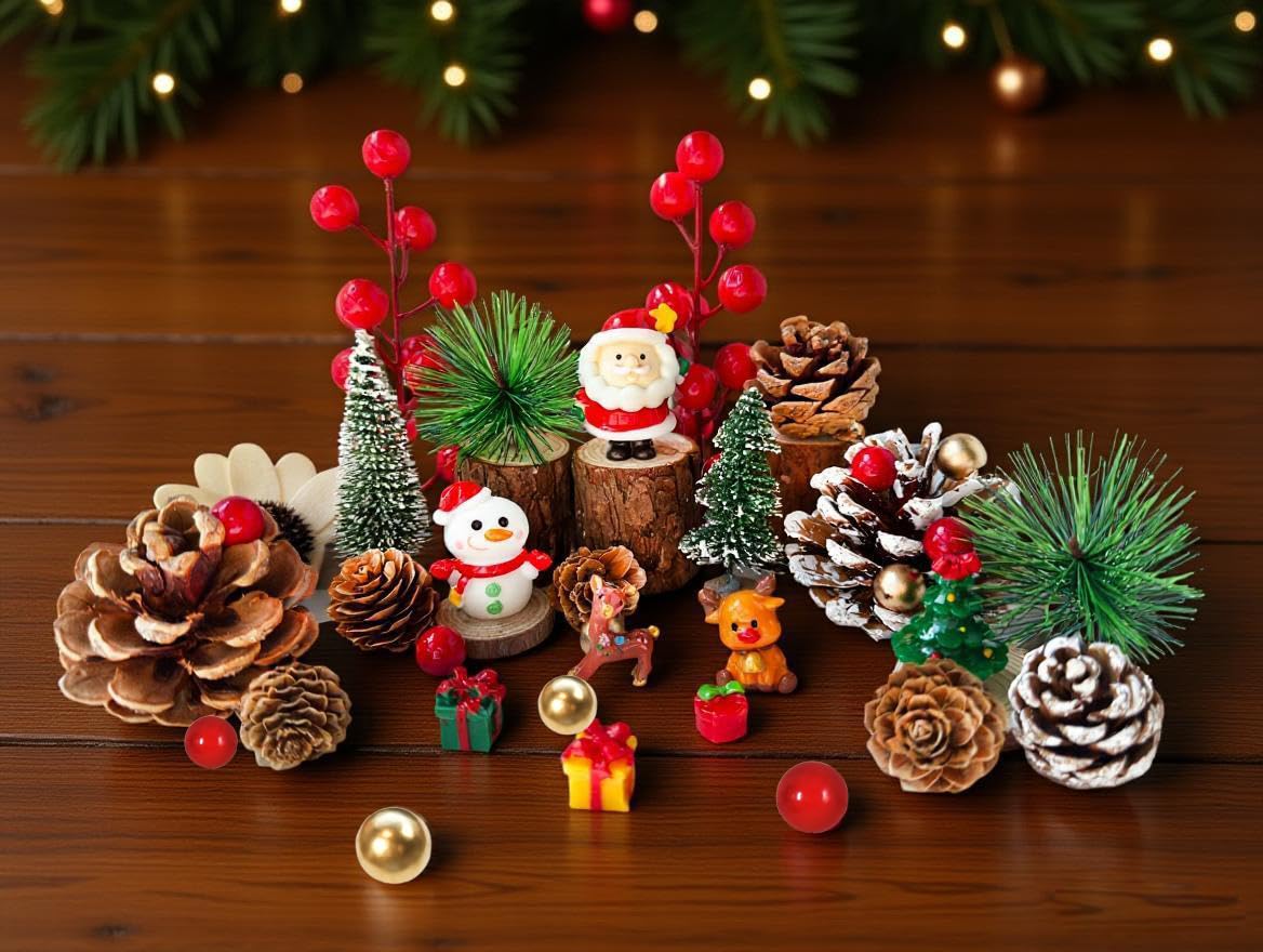 48PCS Christmas Miniature Figurines Mini Resin Christmas Ornaments Kit with Snowman Santa Claus Trees Wooden Display Stand Pine Needles Trees Cones Theme for DIY Xmas Decor Fairy Garden