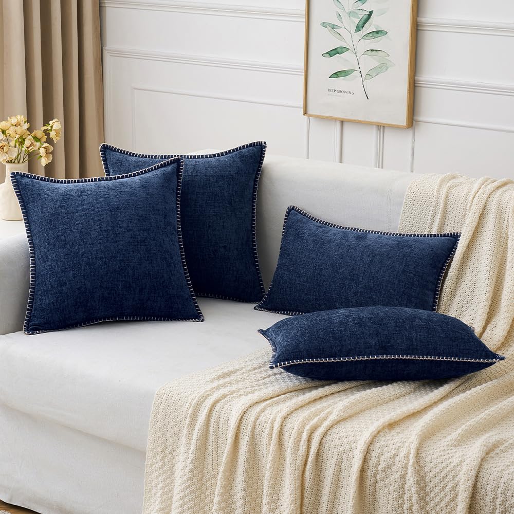 MIULEE Pack of 2 Couch Throw Pillow Covers 18x18 Inch Navy Farmhouse Decorative Pillow Covers with Stitched Edge Soft Chenille Solid Dyed Pillow Covers for Sofa Bed Living Room