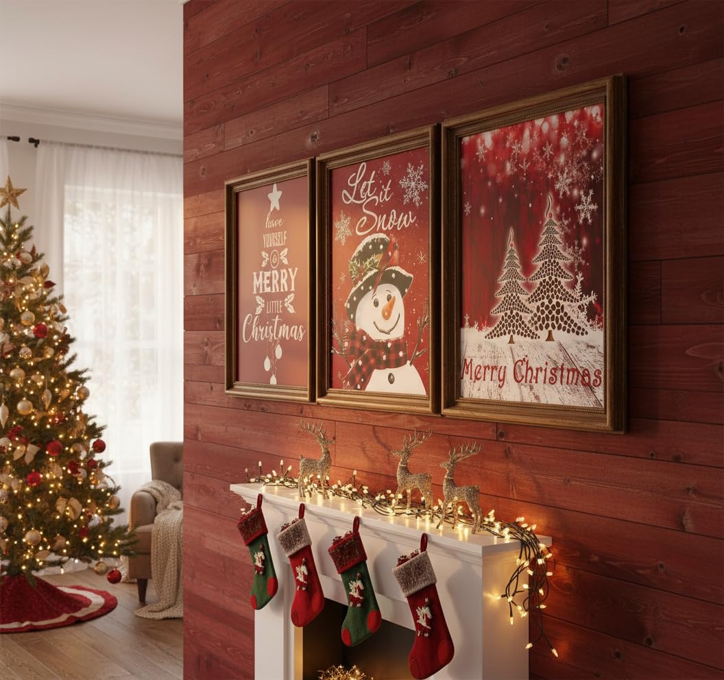 3pcs Red Christmas Canvas Wall Art Tree Snowman Posters Prints Paintings Winter Christmas Quotes Wall Decor Pictures for Living Room And Bedroom Furniture Decoration Unframed
