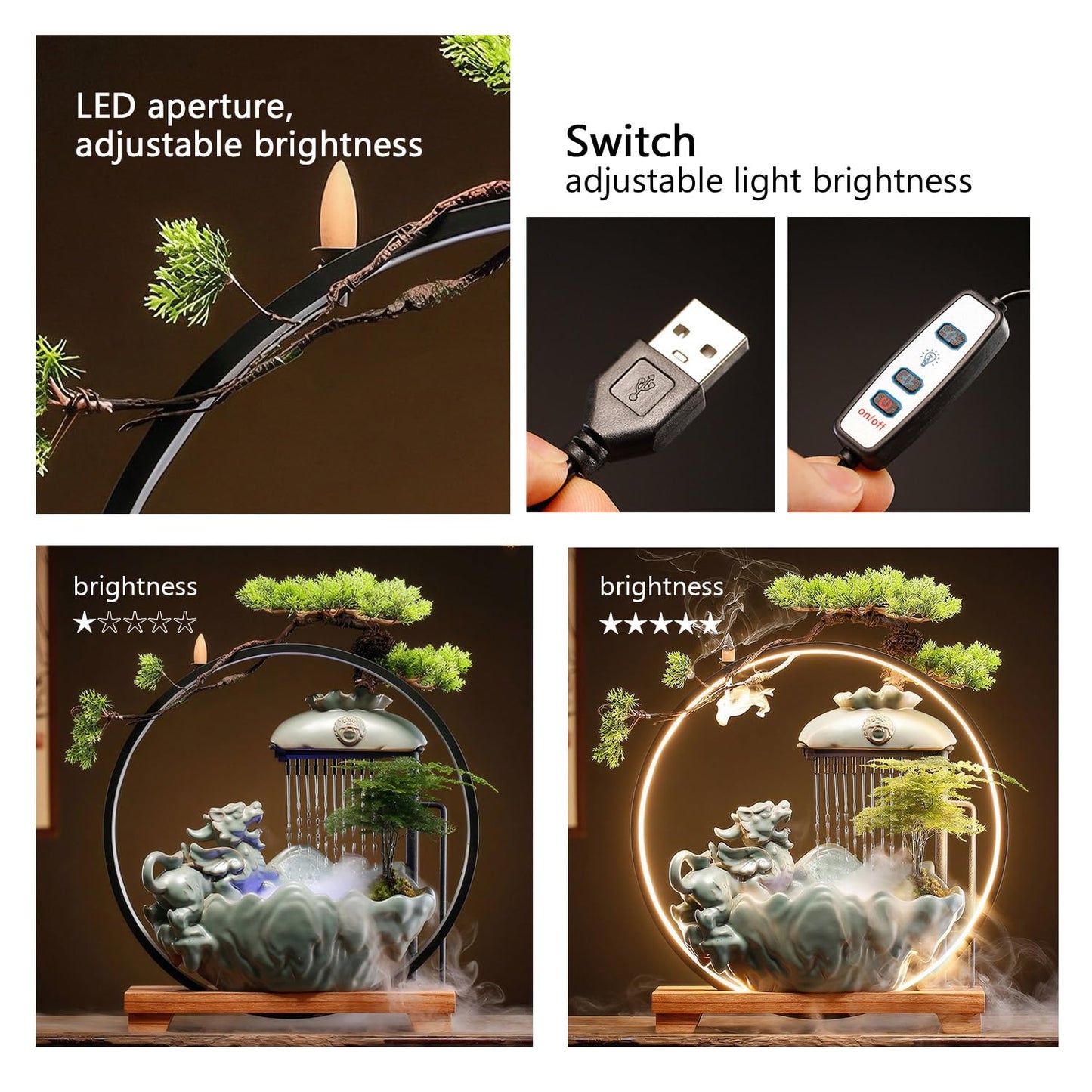 TXYXT Waterfall Fountain Indoor with Mist, Tabletop Water Fountain,Desk Chinese Ceramic Pixiu Statue with LED Light Ring and Backflow Incense Burner Holder