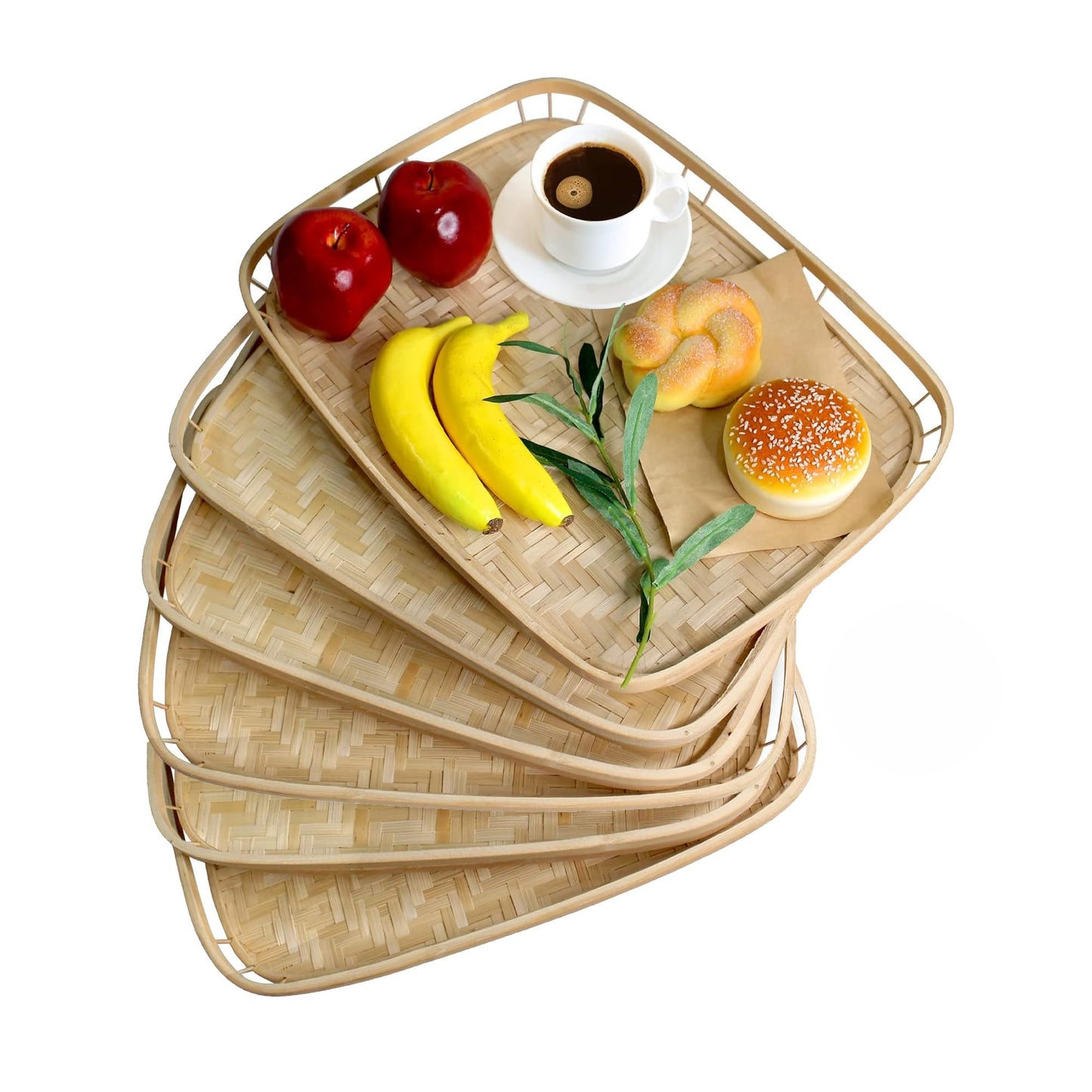 PEMAR Set of 6 Bamboo Wicker Serving Trays for Foods and Drinks, Rectangular Lap Trays for Breakfast. Decorative Bamboo Wood Basket Trays for Coffee Table, Picnic, Bed Eating, Natural