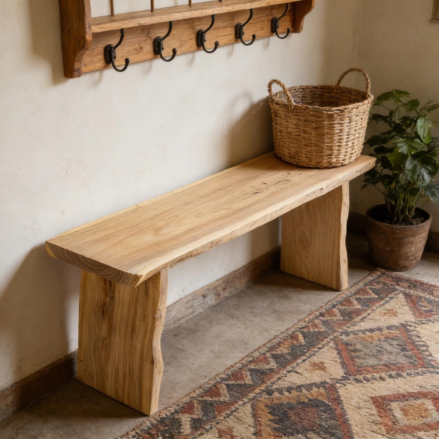 K KELBEL 63” Wooden Dining Bench,Entryway Bench,Solid Natural Edge,End of Bed,Kitchen Table Benches,Entryway Benches for Rustic Home Décor Furniture