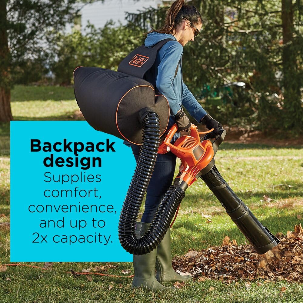 BLACK+DECKER Leaf Blower, Leaf Vacuum and Mulcher 3 in 1, Backpack Blowers for Lawn Care,250 mph Airflow, 400 cfm Delivery Power, Reusable Bag Included, Corded (BEBL7000)