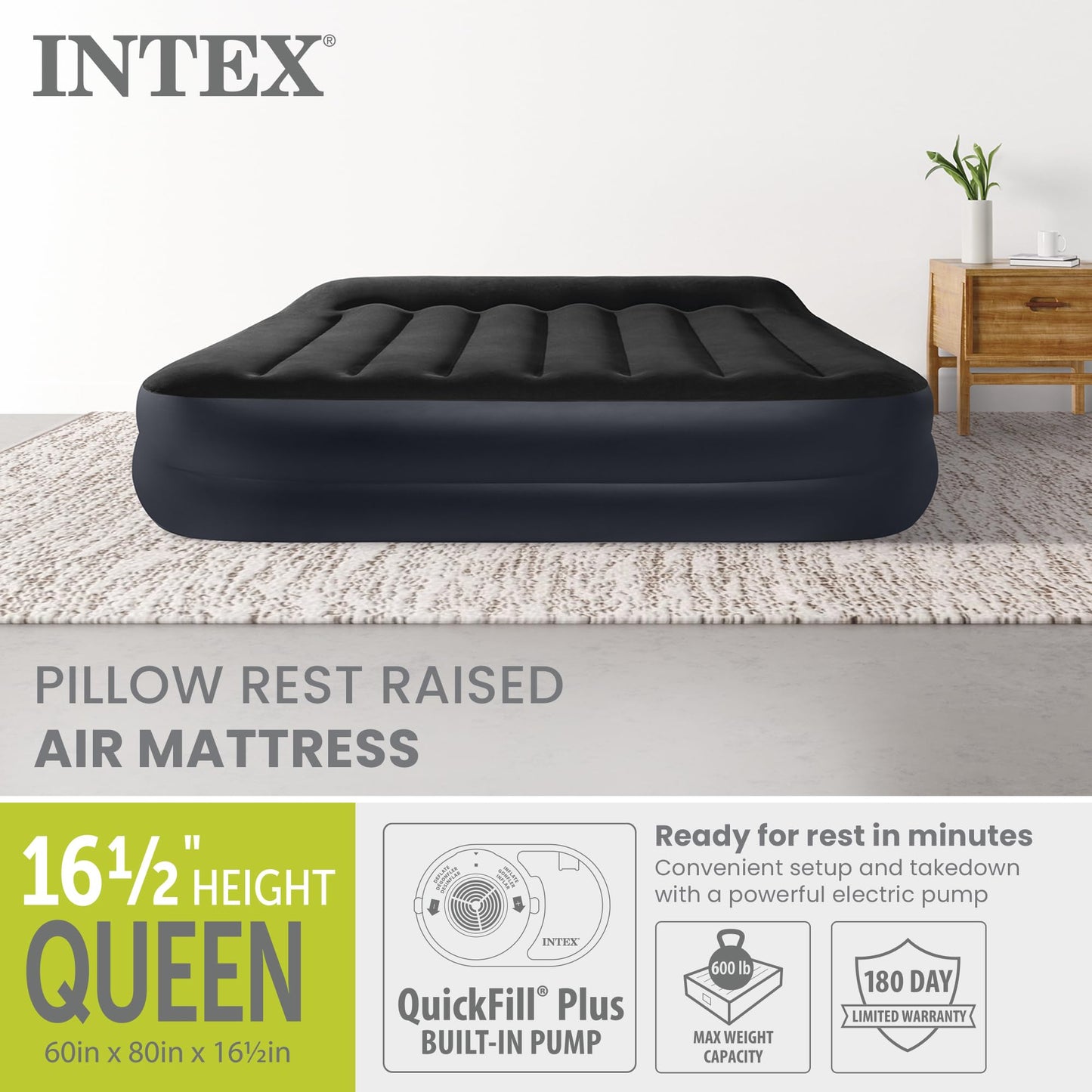 Intex Air Mattress, 64123ED Dura-Beam Plus Pillow Rest Fiber-Tech – Queen Size – Built-in Electric Pump – 16.5in Bed Height – 600lb Weight Capacity