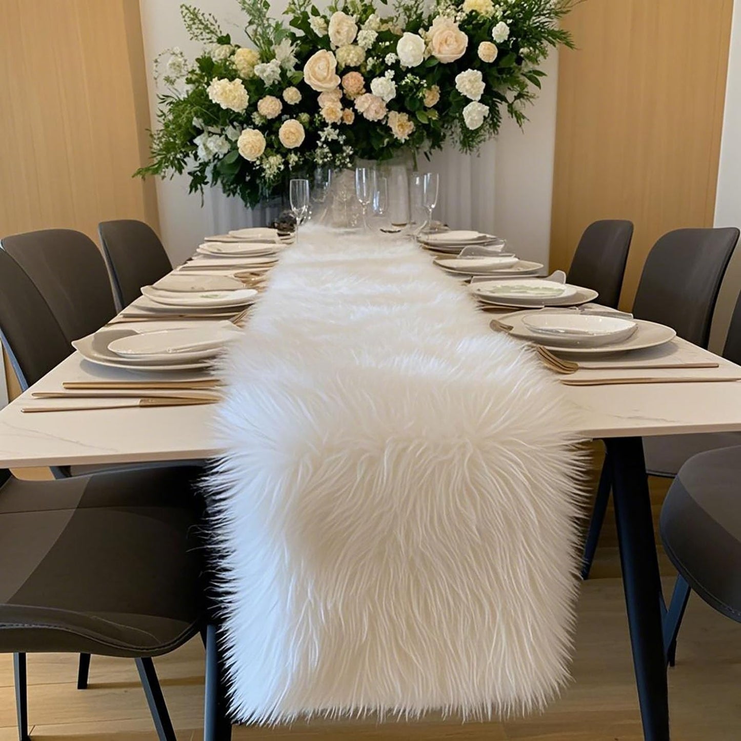 Table Runner,Christmas Fur Table Runner for Party Birthday Friendsgiving Wedding Dinning White Fur Table,Faux Fur Runner for Table(White, 12x60 Inch)