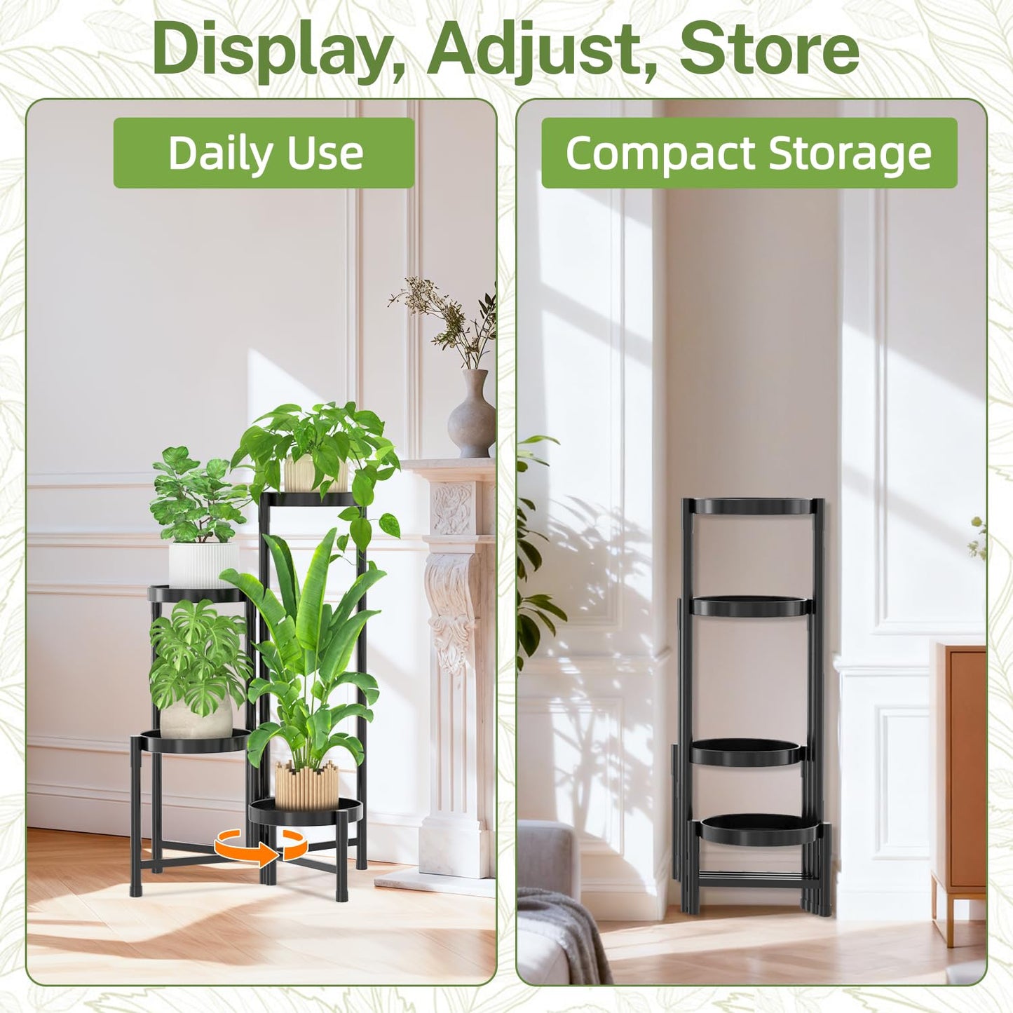 iDavosic.ly Plant Stand Indoor Outdoor, 4 Tier Corner Metal Flower Display Holder Shelf, Folding Tall Orchid Rack for Patio Balcony Porch Garden Living Room House, Black