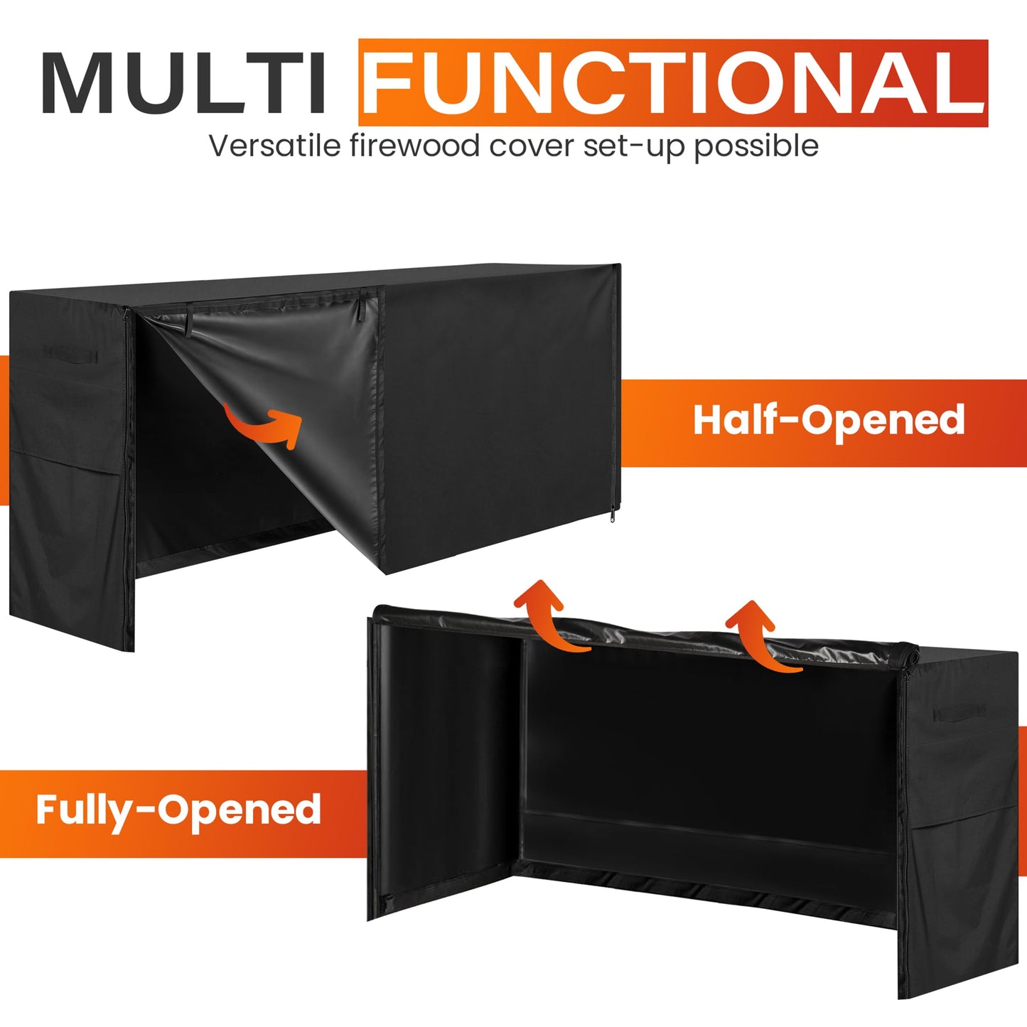 8ft Waterproof Firewood Rack Cover - Heavy Duty Black 600D Oxford Fabric - Indoor Or Outdoor Firewood Log Cover with Zipper & Adhesive Closing Strips - Rack NOT Included - Black