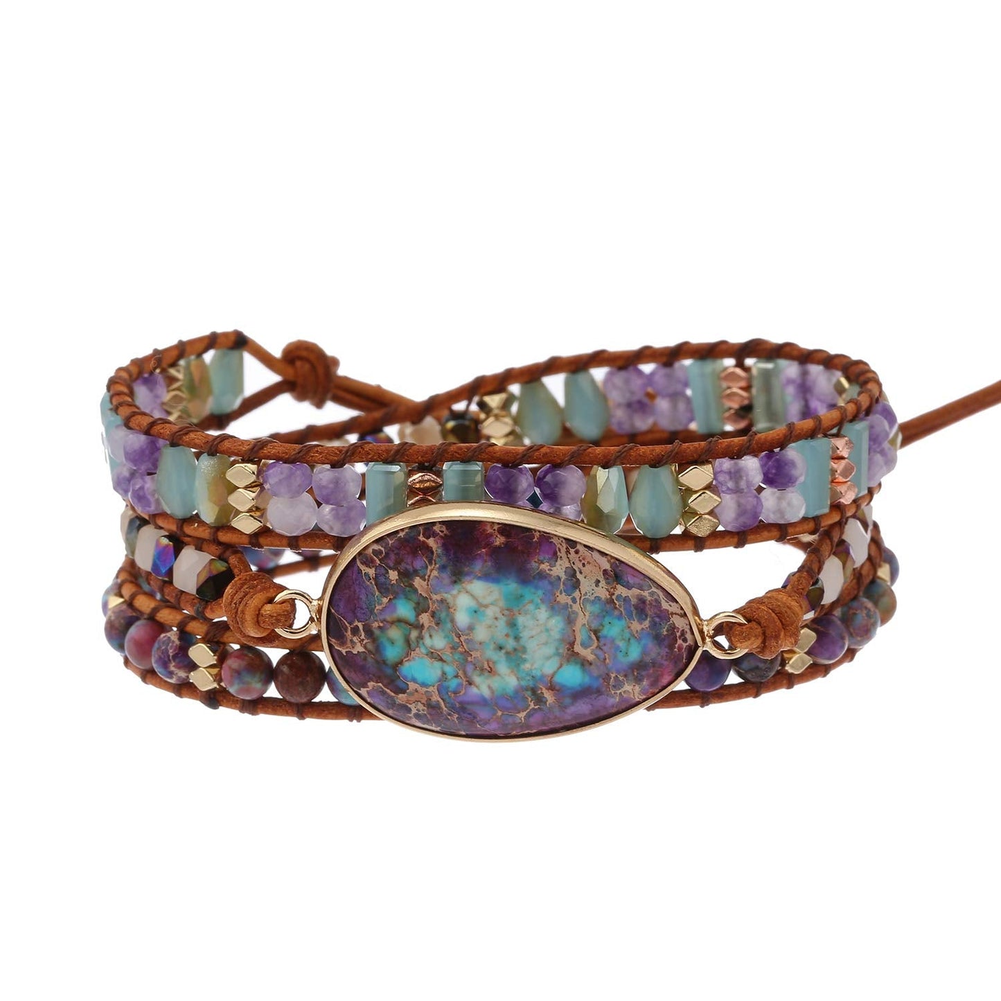 Plumiss Boho Handmade Blue Purple Imperial Jasper Stone Crystal Hematite Mixed Bead 3 Wraps Bracelets