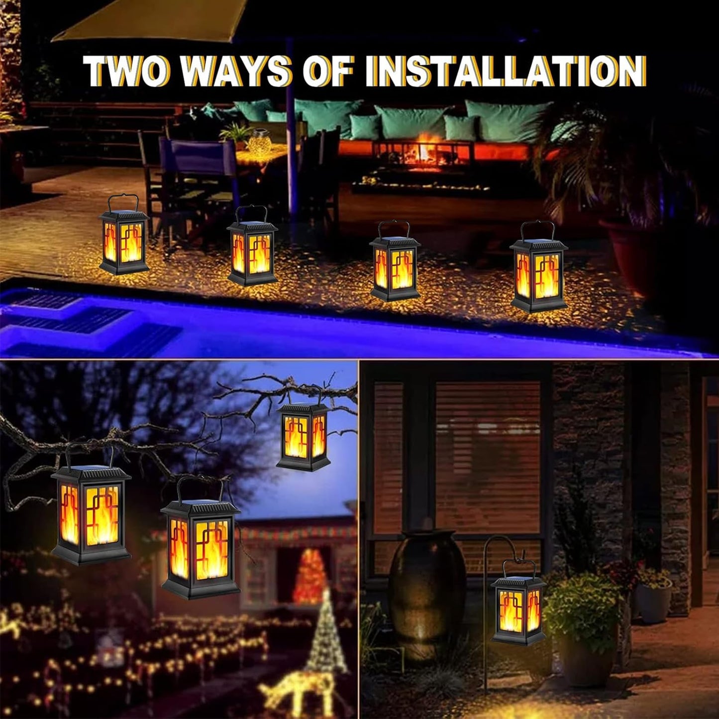 Ollivage Solar Lanterns Outdoor Waterproof Hanging Solar Lanterns Garden Lights Solar Powered Flame Lights LED Lights for Patio Pathway Deck Yard (2 Pack)