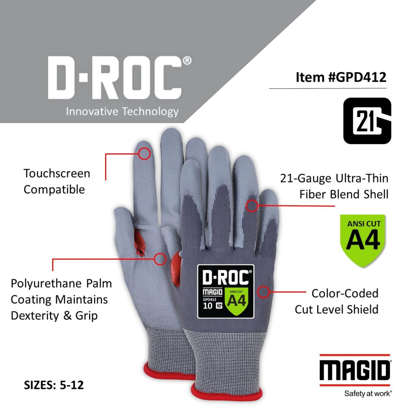 MAGID ROC 21G Ultra-Thin Polyurethane ANSI A4 Coated Work Glove, 1 Pair, Size 7/S, GPD412
