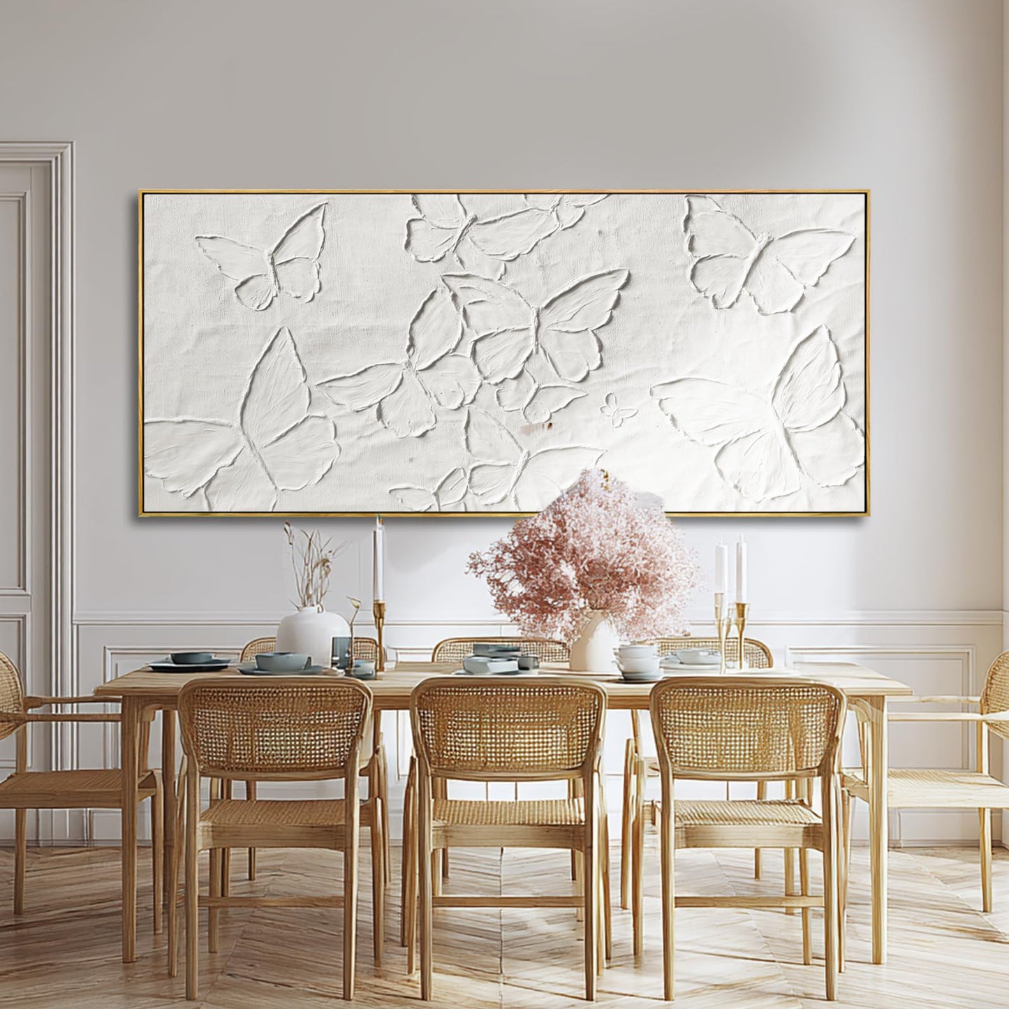 Hand-painted Butterfly Canvas Wall Art, 32x70 Inch White Abstract Framed Artwork for Living Room Decor