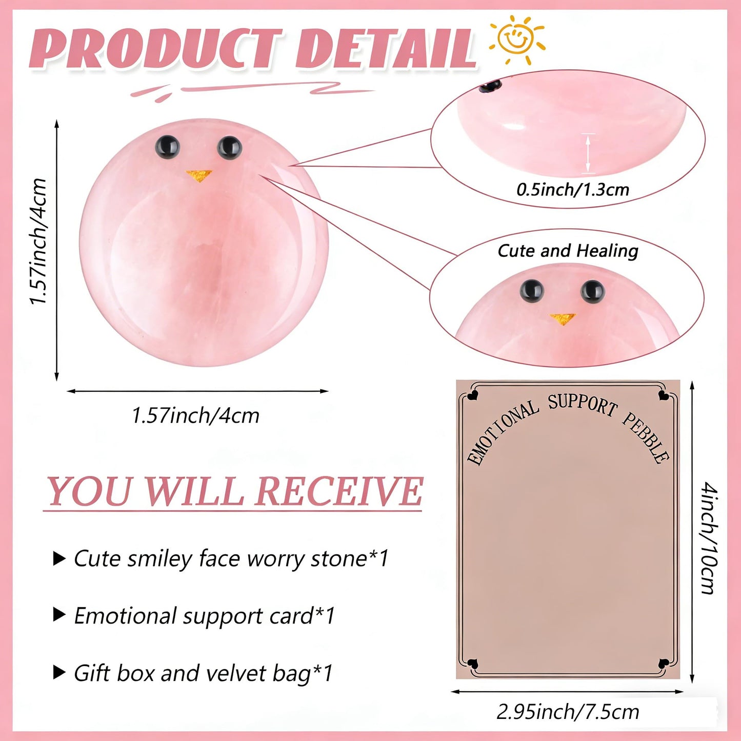 ZHIYUXI Rose Quartz Crystals Emotional Support Worry Stones for Anxiety Relief Items Stress Relief Gifts Encouragement Gifts for Women Smile Worry Stones Calming Gifts Mothers Day Gifts