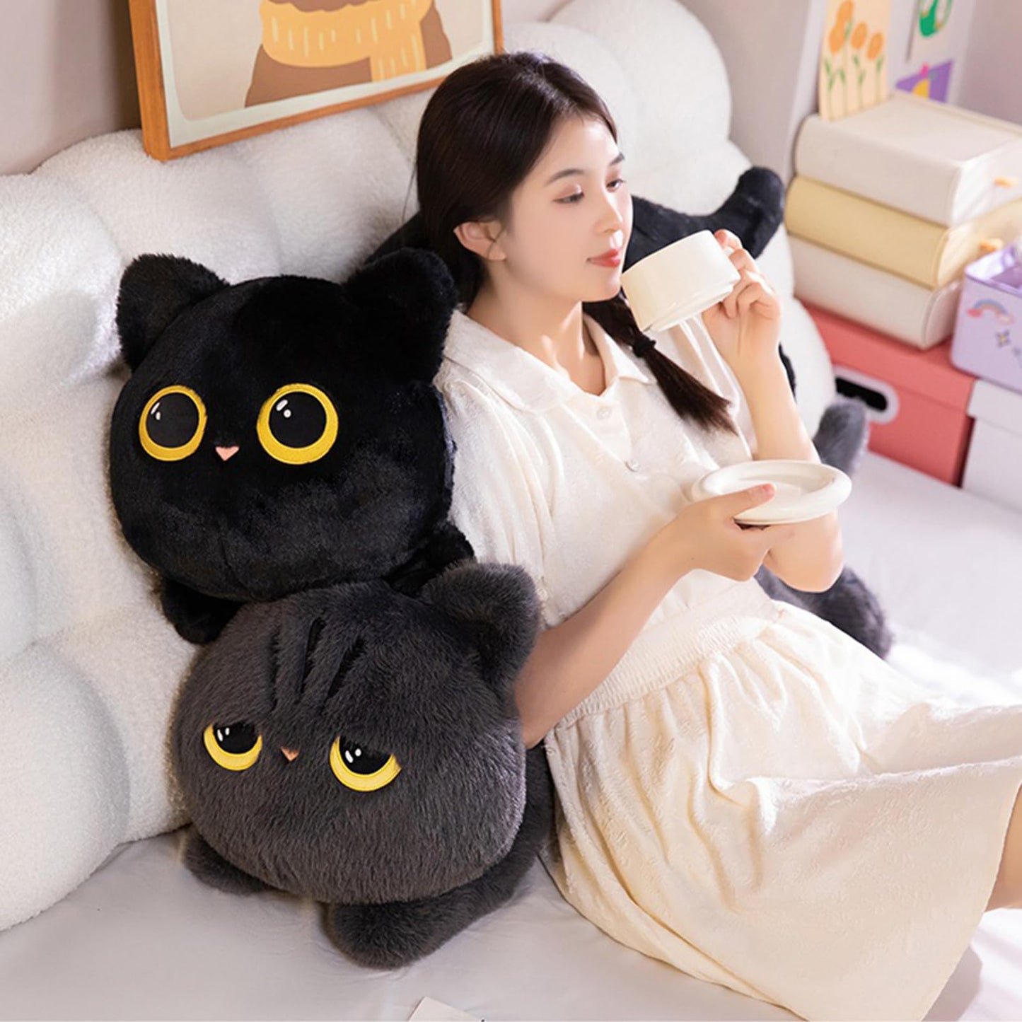 PEACH CAT 27.5" Long Cat Plush Pillow Cute Kitten Stuffed Animals Plushies Toy Gifts for Kids Grey